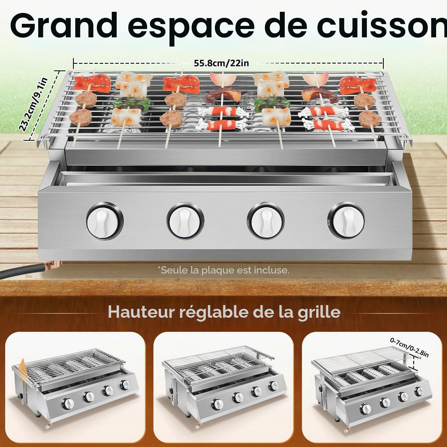 Barbecue à gaz en acier inoxydable - 4 brûleurs - Barbecue de table - Barbecue à gaz GPL - Barbecue amovible - Pour camping, balcon, jardin - Argenté