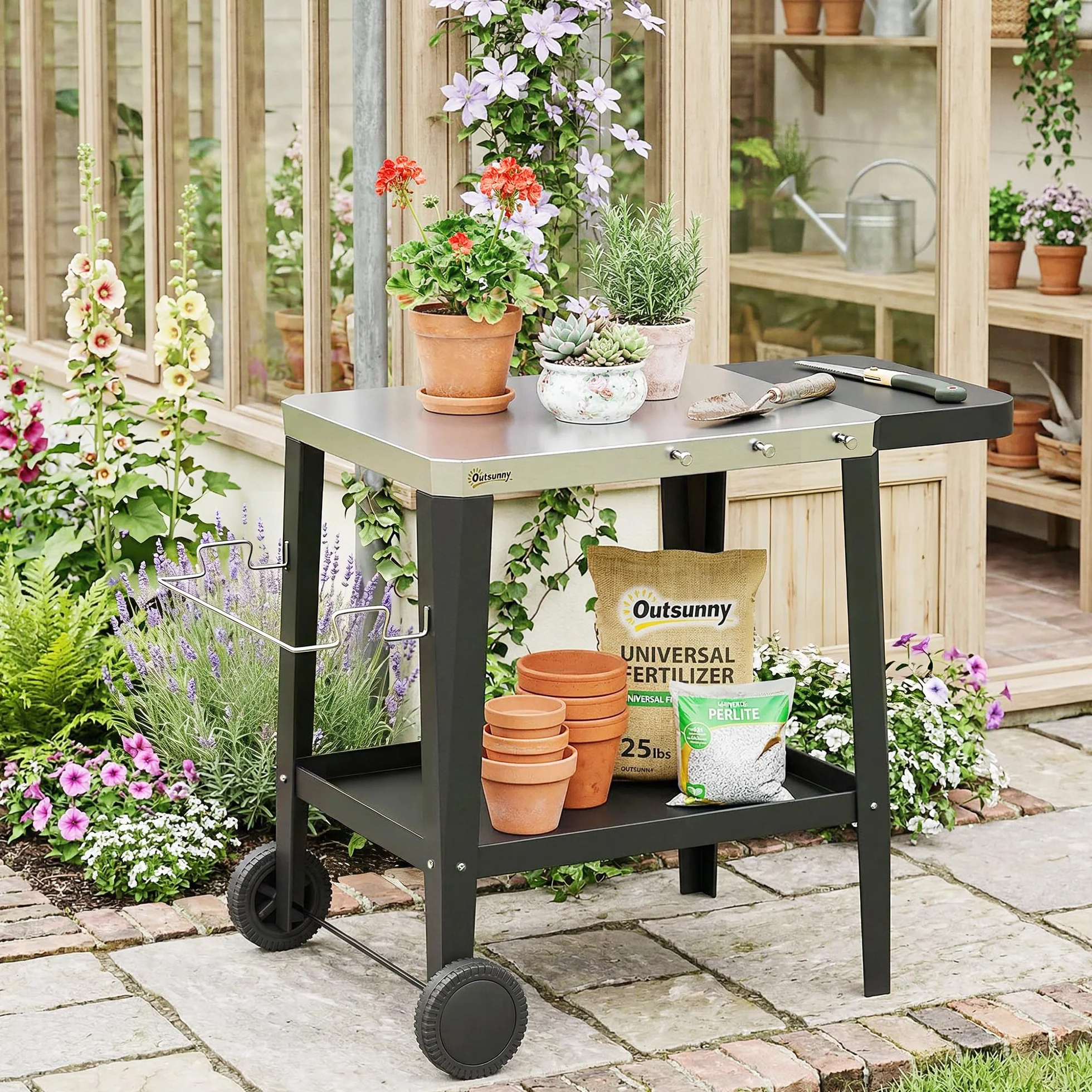 Outsunny Chariot de Barbecue 2 Niveaux Mobile Acier Inoxydable Table Latérale Pliable Roulettes 115x67,5x80,5 cm Noir