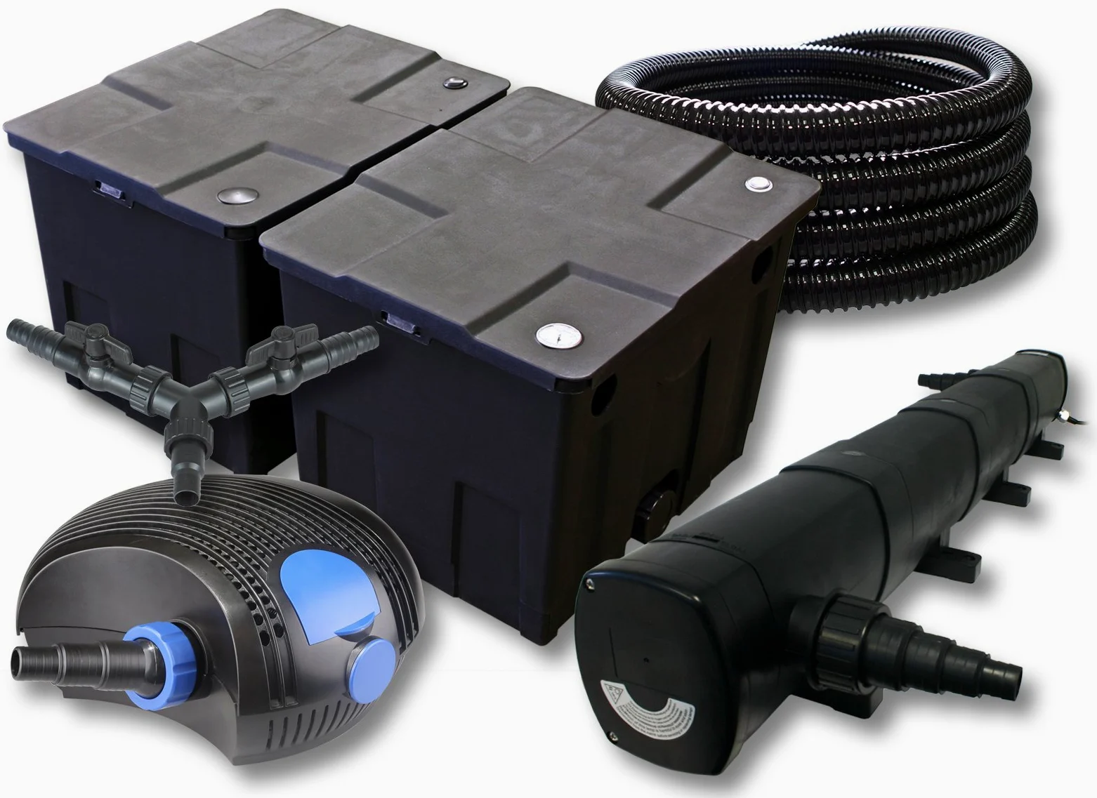 SunSun Kit complet: CBF-350B Filtre de bassin jusqu'à 60000 L Biologique, CTF-12000 pompe de filtration 12000l/h 100W, CUV-272 lampe uv UVC Clarificateur avec 72W, 25m Tuyau 25 mm, Y-distributeur