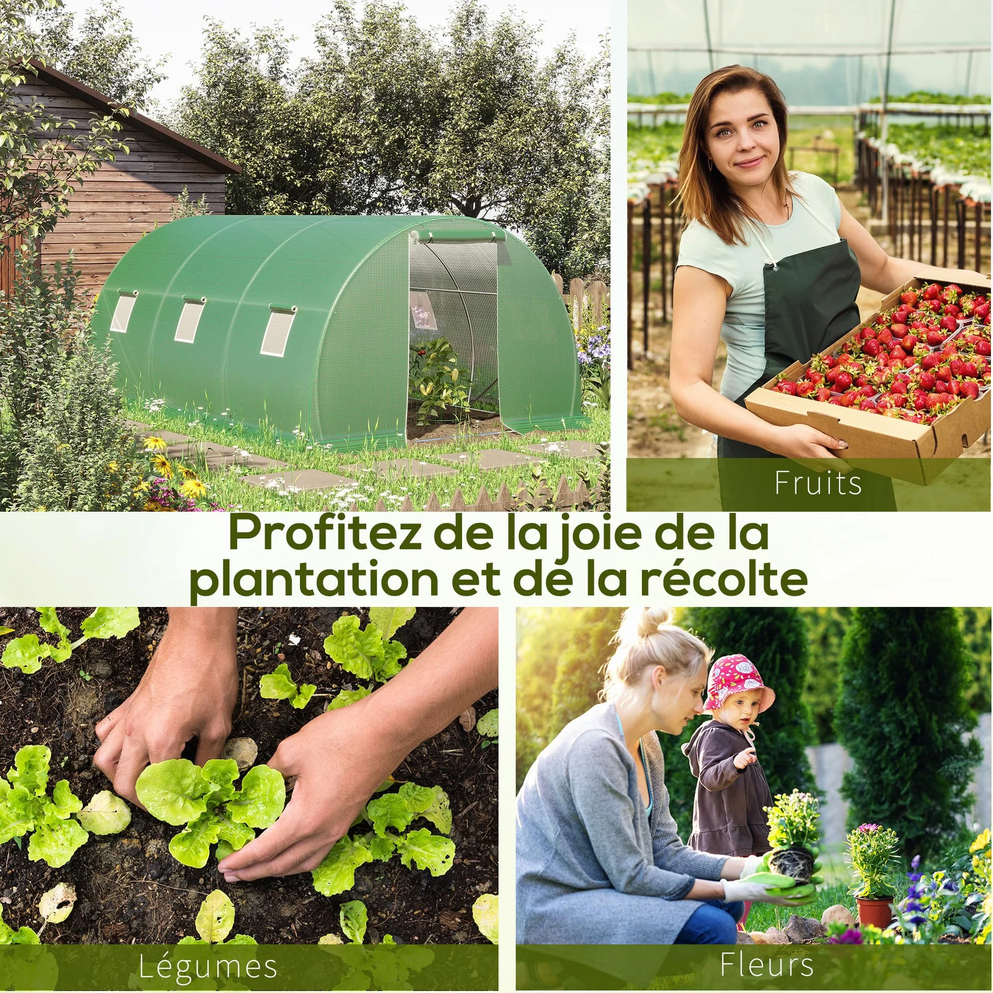 Outsunny Serre de Jardin Tunnel 13,5 m² dim. 4,5L x 3l x 2H m - 6 fenêtres, Porte zippée Enroulable - châssis Tubulaire Acier galvanisé, bâche PE Haute densité Vert
