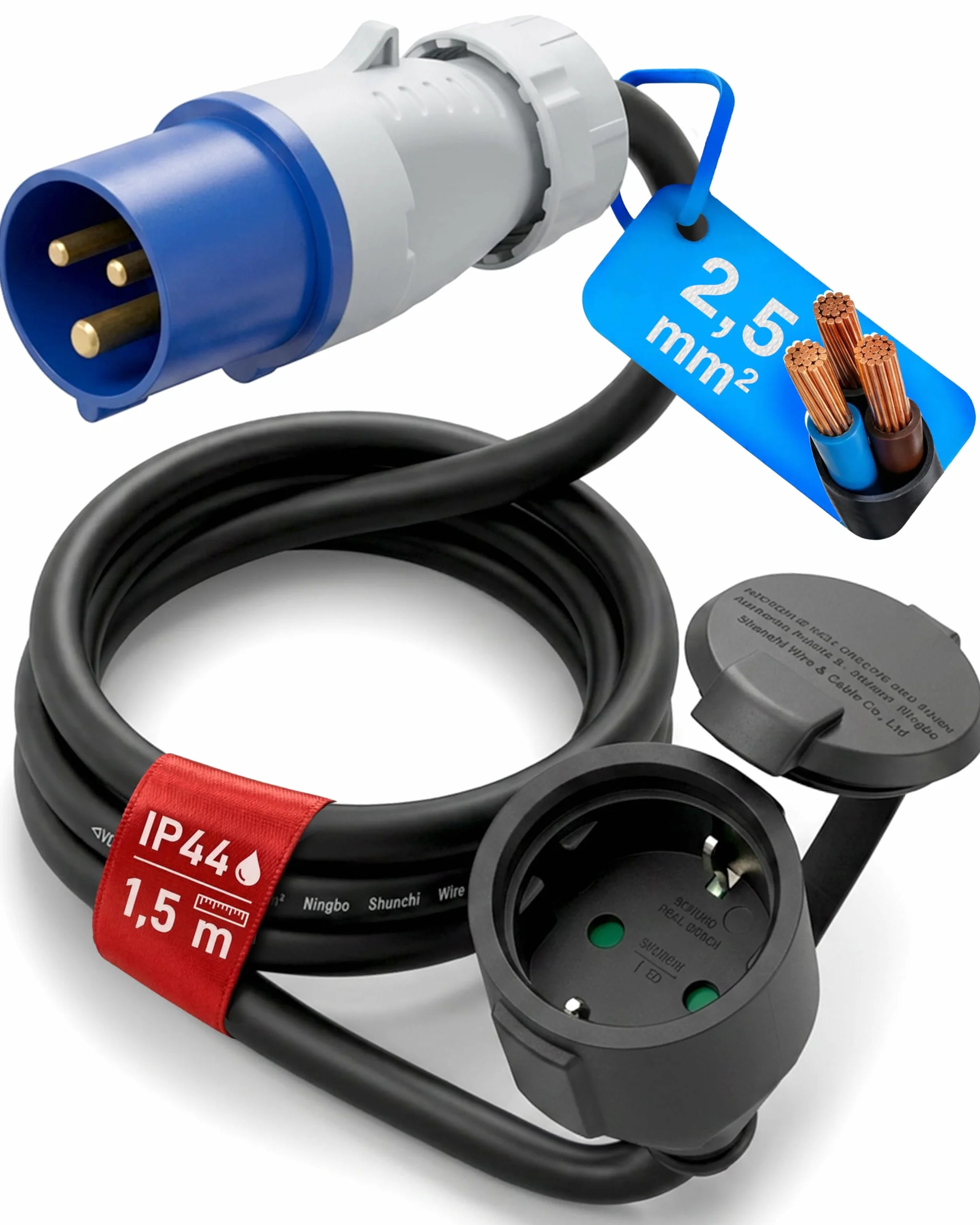 Adaptateur CEE mâle vers Prise Schuko Femelle 1,5m IP44 H07RN-F 3G2,5 230V 16A
