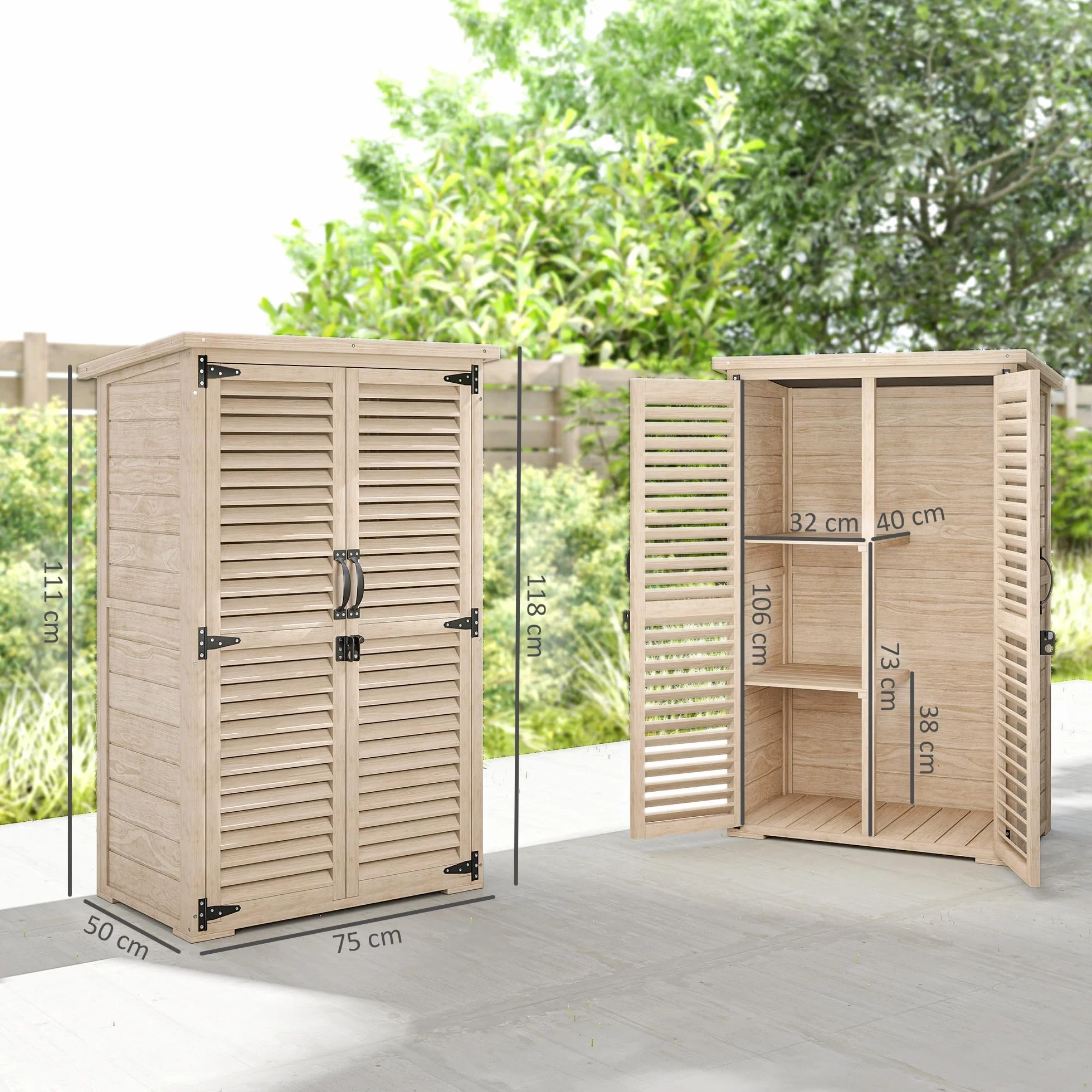 Outsunny Armoire de Jardin Bois Toit bitumé 2 étagères Portes persiennes verrouillable 75x50x118