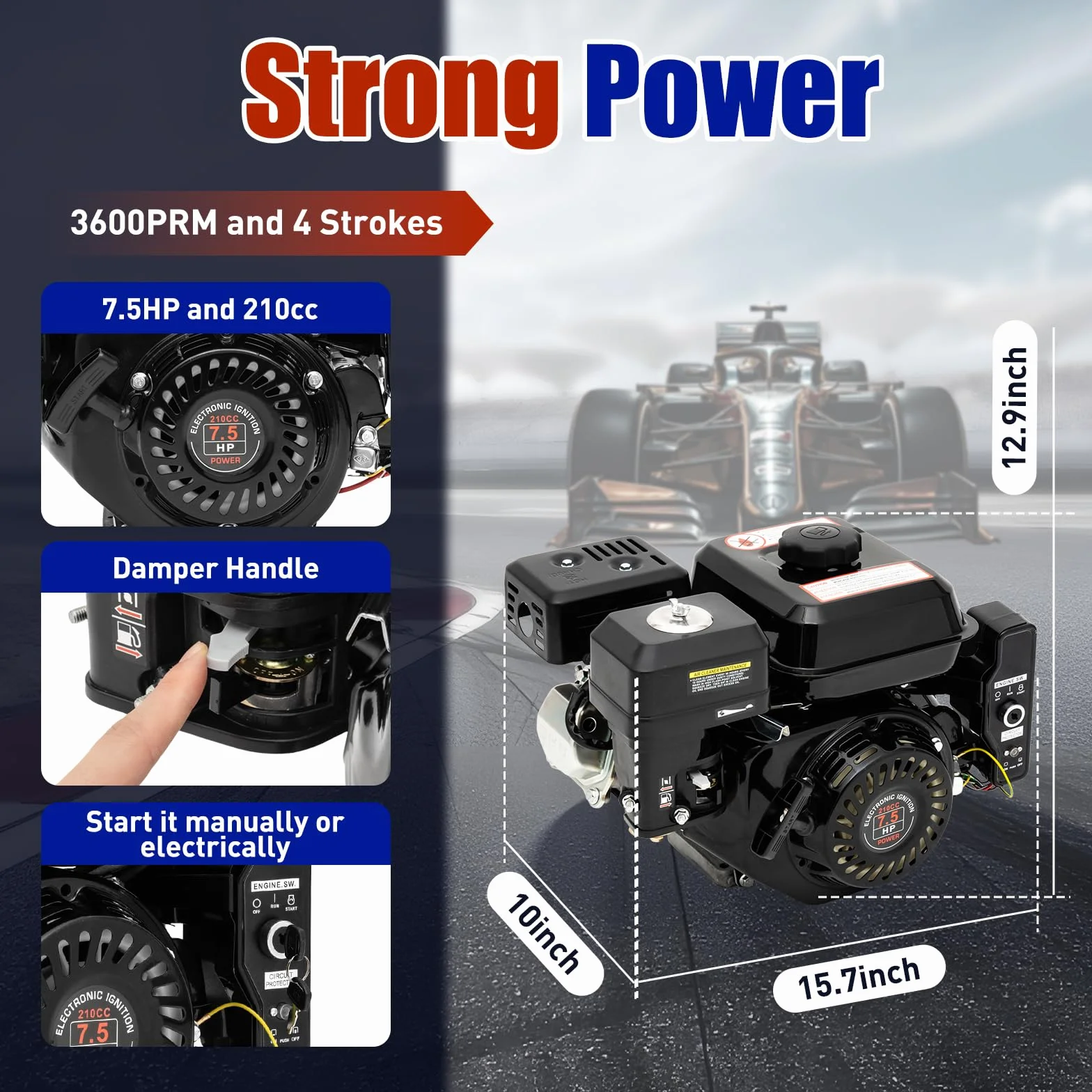 Moteur horizontal 212 cm³ Démarrage électrique, 7,5 CV 4 temps OHV Design Go Kart Moteur à gaz -3600 tr/min pour compresseur tondeuse à gazon Go Kart, H0nda GX160