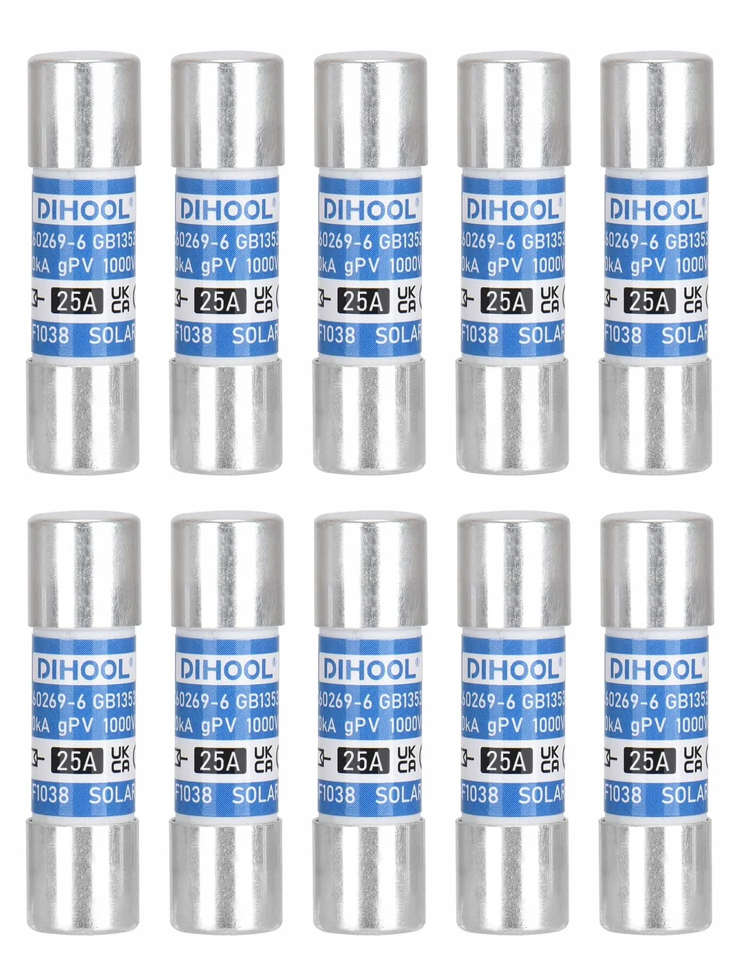 DIHOOL fusible photovoltaïque 25A DC 1000V 10x38 20kA tube solaire (paquet de 10)