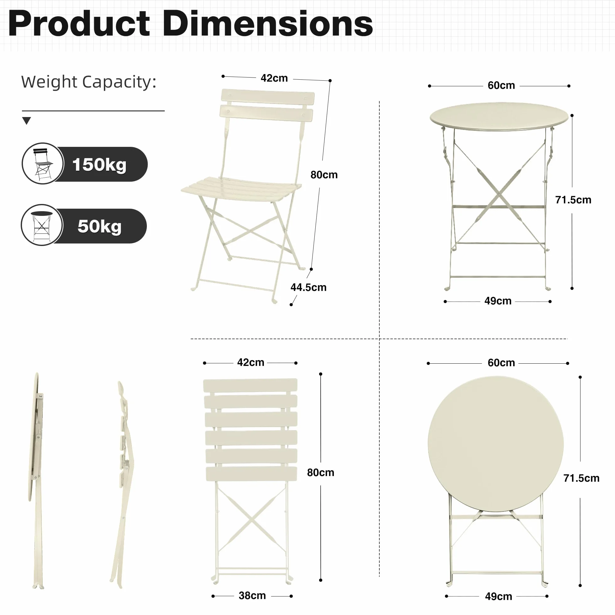 Lot de 3 Meubles de Jardin Pliables, Table de Bistrot avec 2 Chaises, Résistants aux Intempéries, Abricot