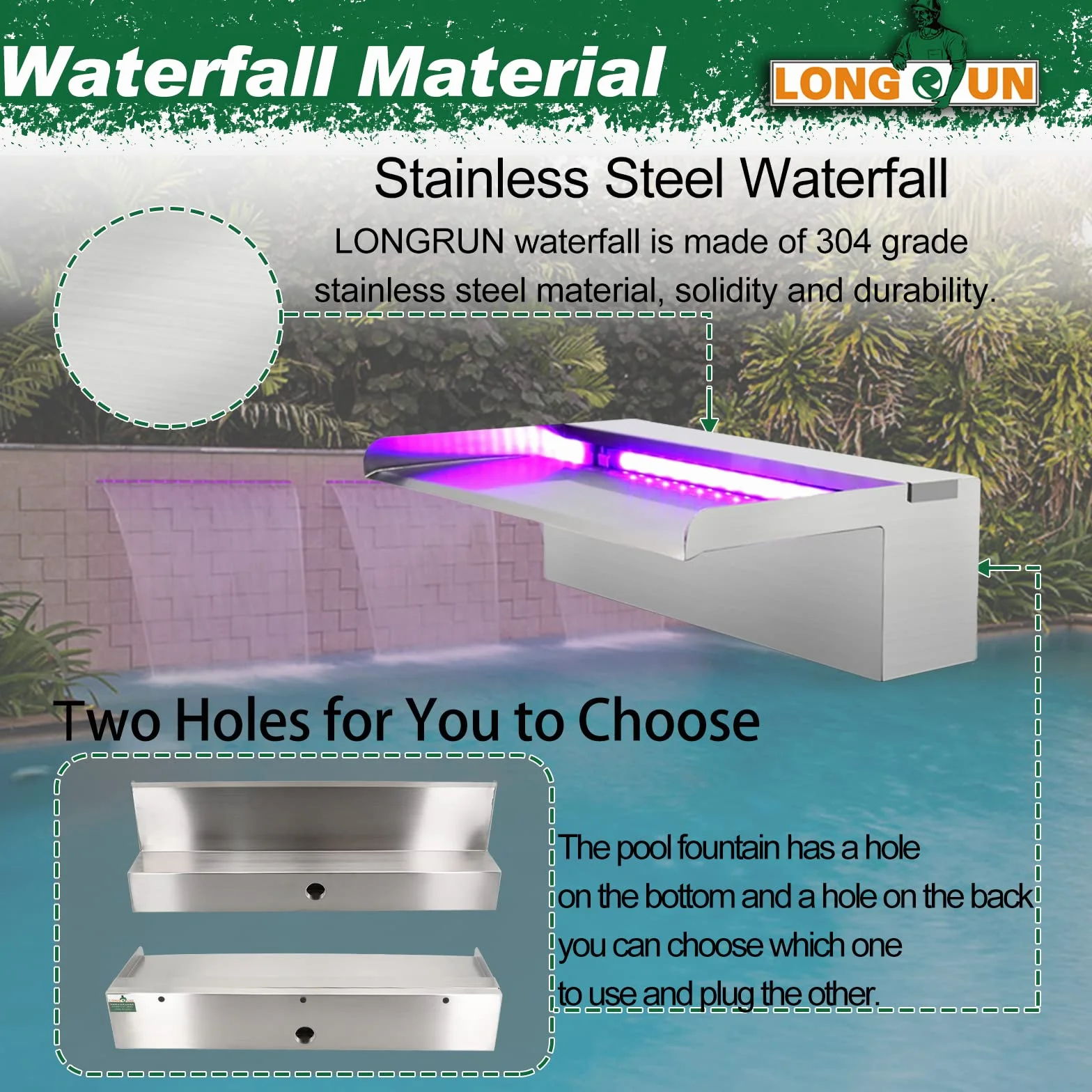 LONGRUN Cascade Piscine Fontaine Lame d'Eau 30cm Acier Inoxydable LED 7 Couleurs