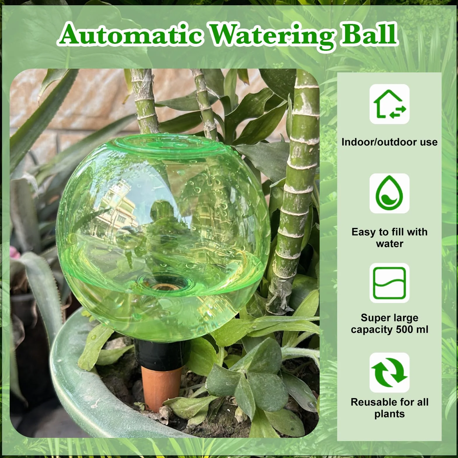 Lot de 2 boules d'arrosage automatique pour plantes - 500 ml - Distributeur d'eau pour plantes - Arrosage automatique des plantes - Distributeur d'arrosage pour vacances et bureau (vert)