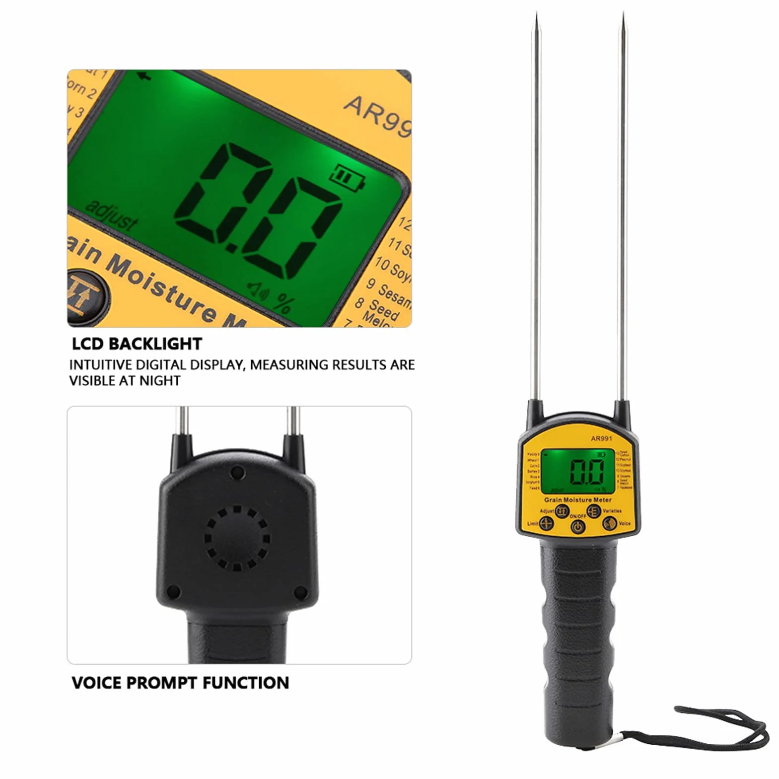 AR991 Humidimètre Numérique LCD pour Grain, Testeur d'Humidité Portable, Analyseur de Teneur en Eau avec Sonde