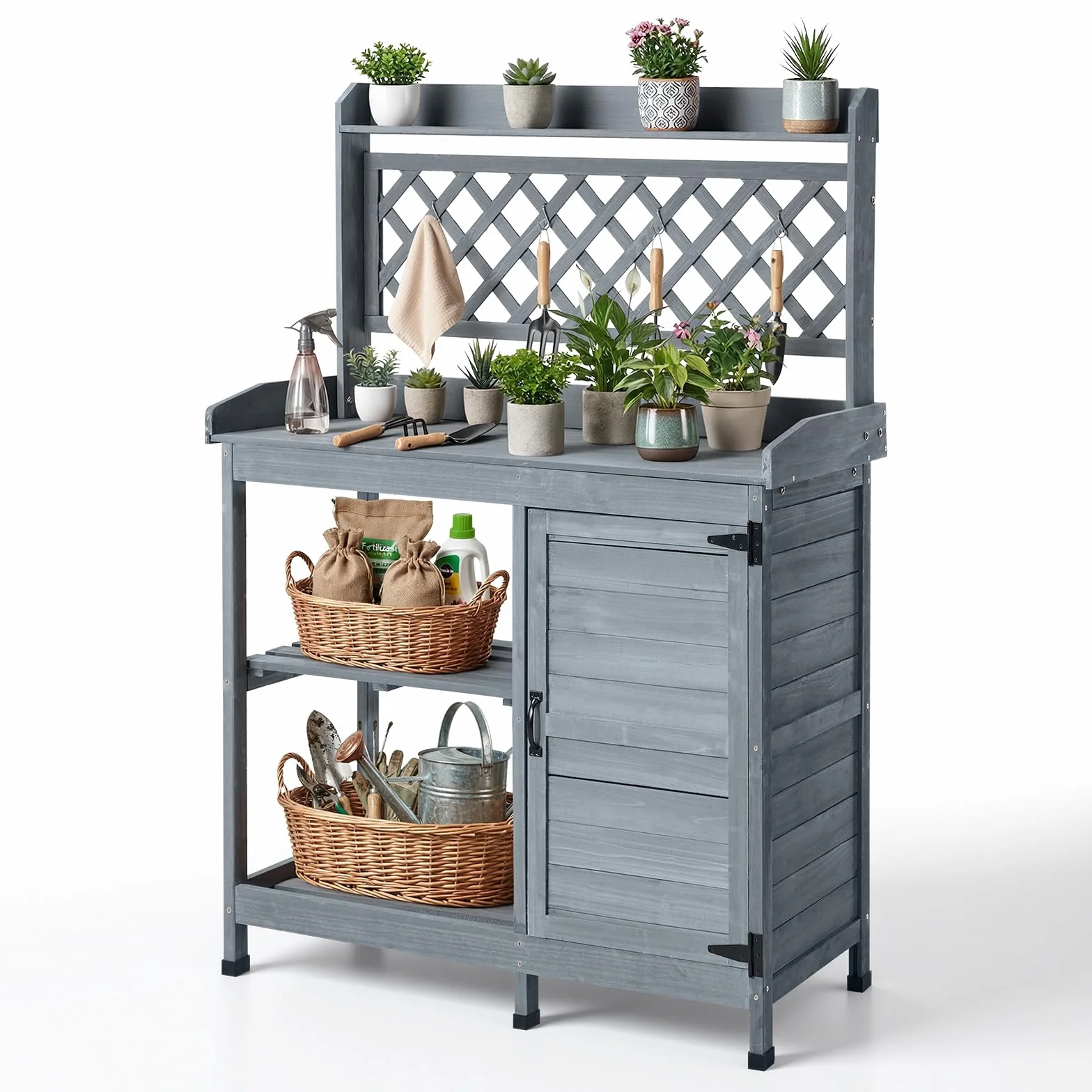 VEVOR Table de Rempotage à 4 Niveaux Table de Jardinage 110x46x147 cm pour Plantation d'Extérieur Terrasse Jardin Balcon, avec Armoire et Étagère de Rangement, Évier, Plateau en Bois, Crochets, Gris