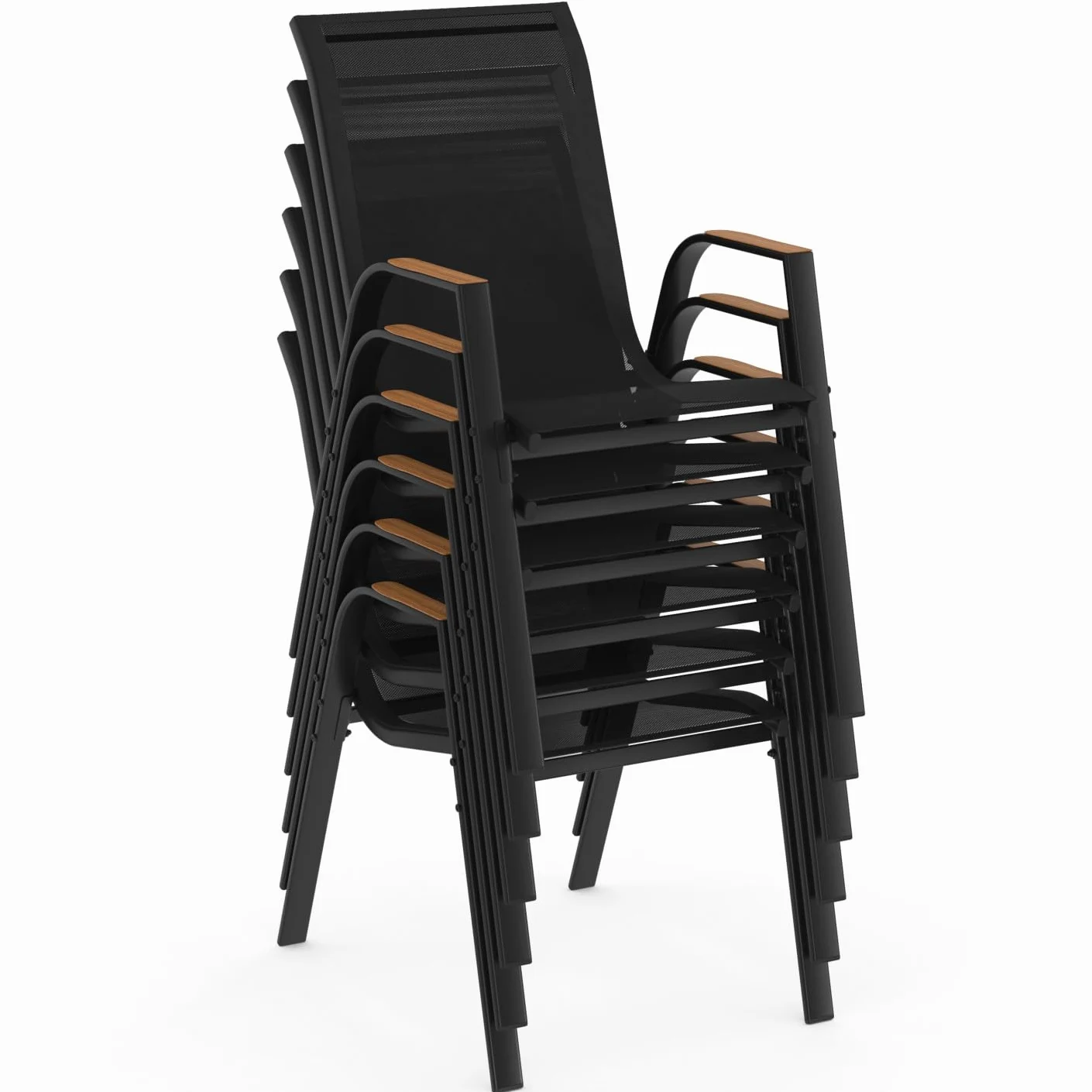 IDMarket - Salon de Jardin NOUMEA Table 240 cm Plateau Verre trempé Effet Bois et 10 chaises empilables Noir et Bois