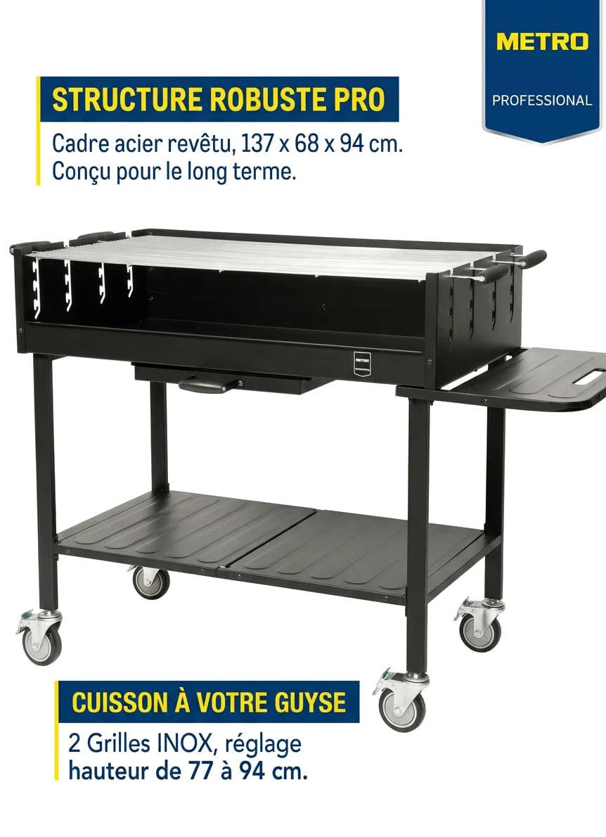 METRO Professional Barbecue DELUXE au charbon de bois sur roulettes, 137 x 68 x 94 cm, housse de protection et tablette, acier/inox, noir