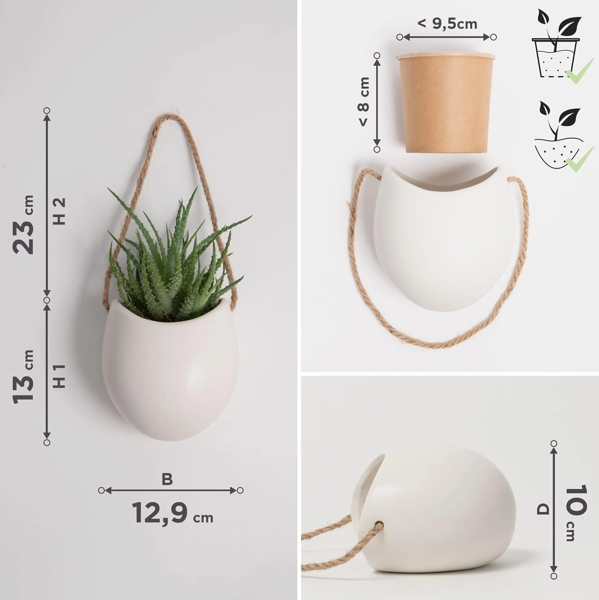 Kazai Pots de Fleurs Muraux Ellie 3 pièces Céramique Suspendus Décoration Murale Crème Mat