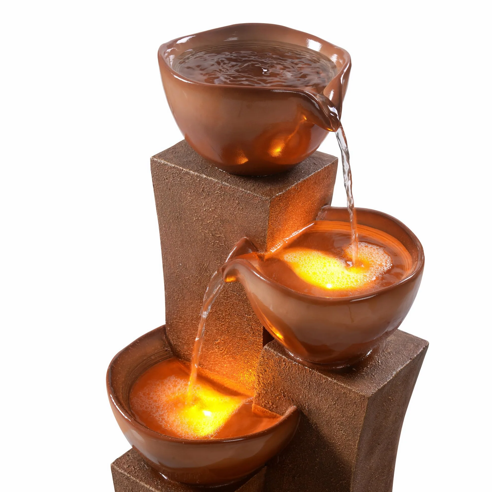 Teamson Home Fontaine d'eau extérieure à 3 étages de 28,54 pouces avec lumières LED, marron, Teamson Home