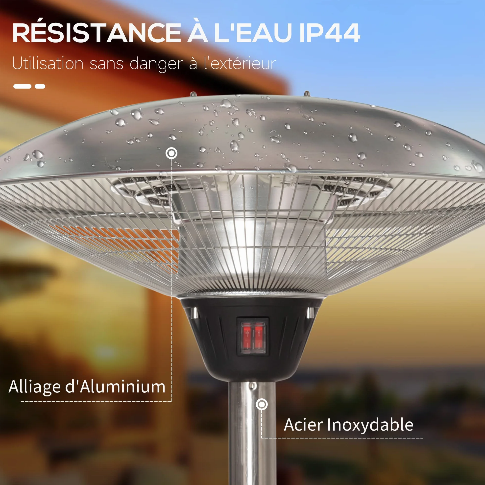 Outsunny Parasol chauffant électrique 3000W IP44 chauffage infrarouge sur pied acier inox argent hauteur réglable 160-200 cm