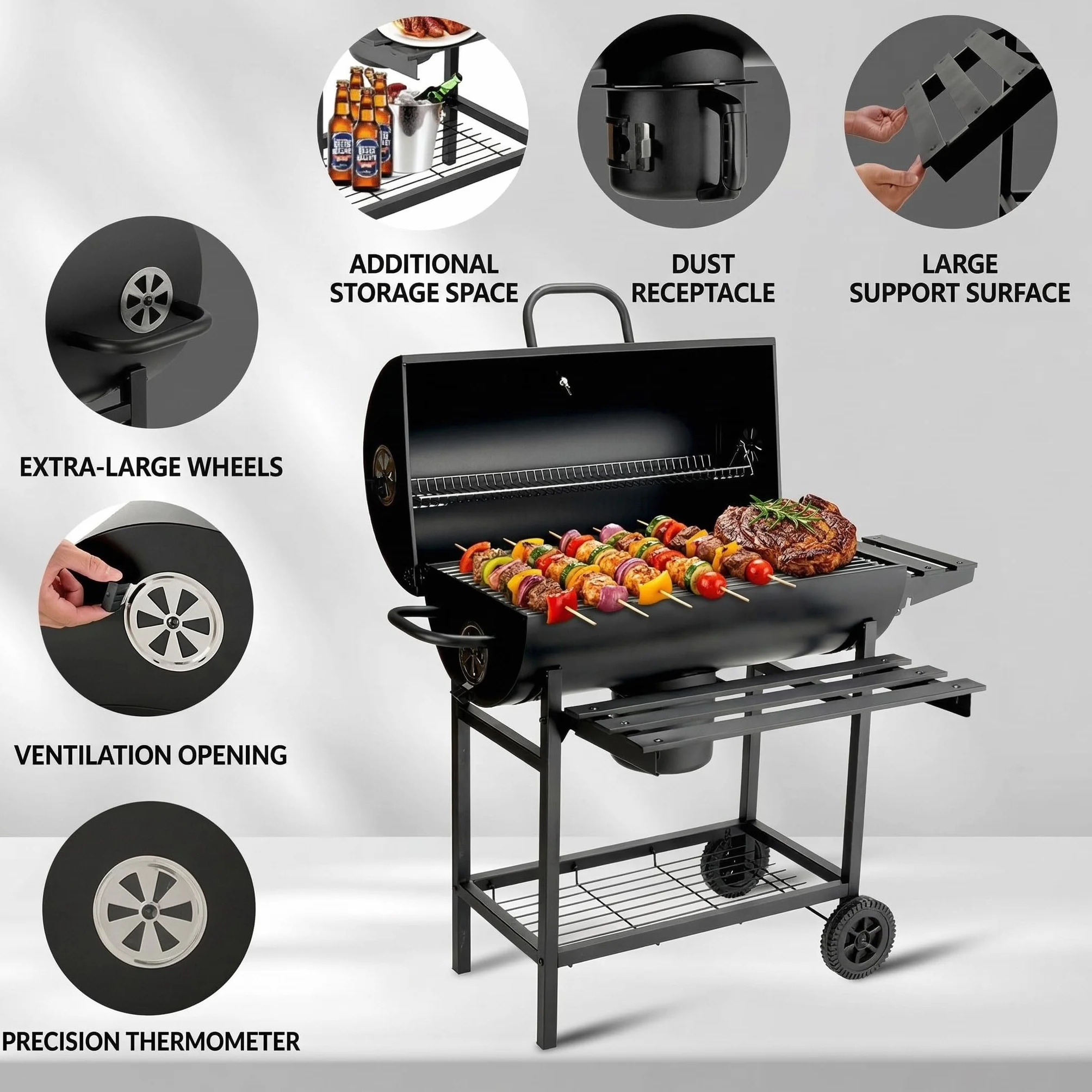 DEWINNER Barbecue au Charbon, Grille XXL, Gants & Pince Offerts, Évents Réglables, Tiroir à Cendres, Roulettes, Idéal Jardin/Balcon/Cour (Modèle de Base)