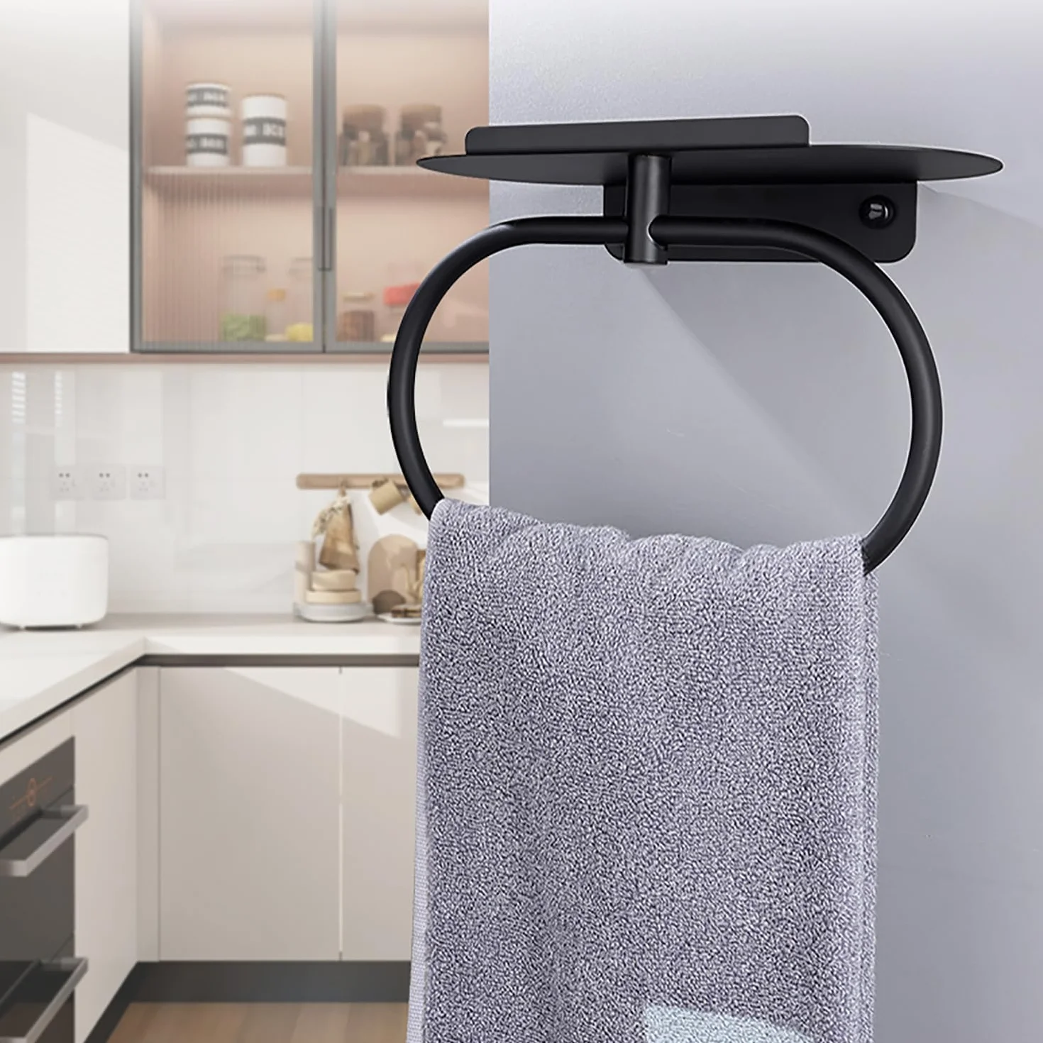 DIY ZON Anneau Porte-Serviettes Acier Inoxydable Auto-Adhésif Mural Salle de Bain Cuisine Noir