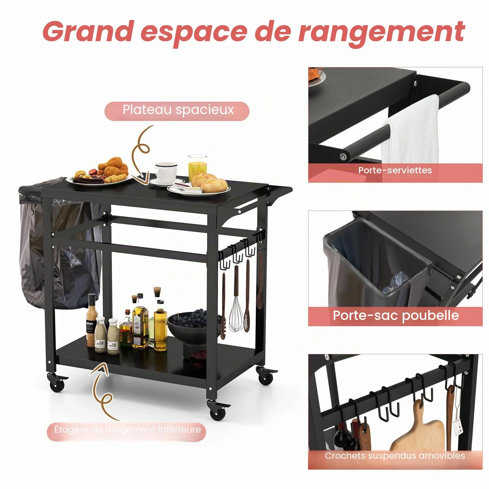 KOMFOTTEU Chariot Barbecue 2 Étagères Desserte Jardin 108 x 50,5 x 88 cm