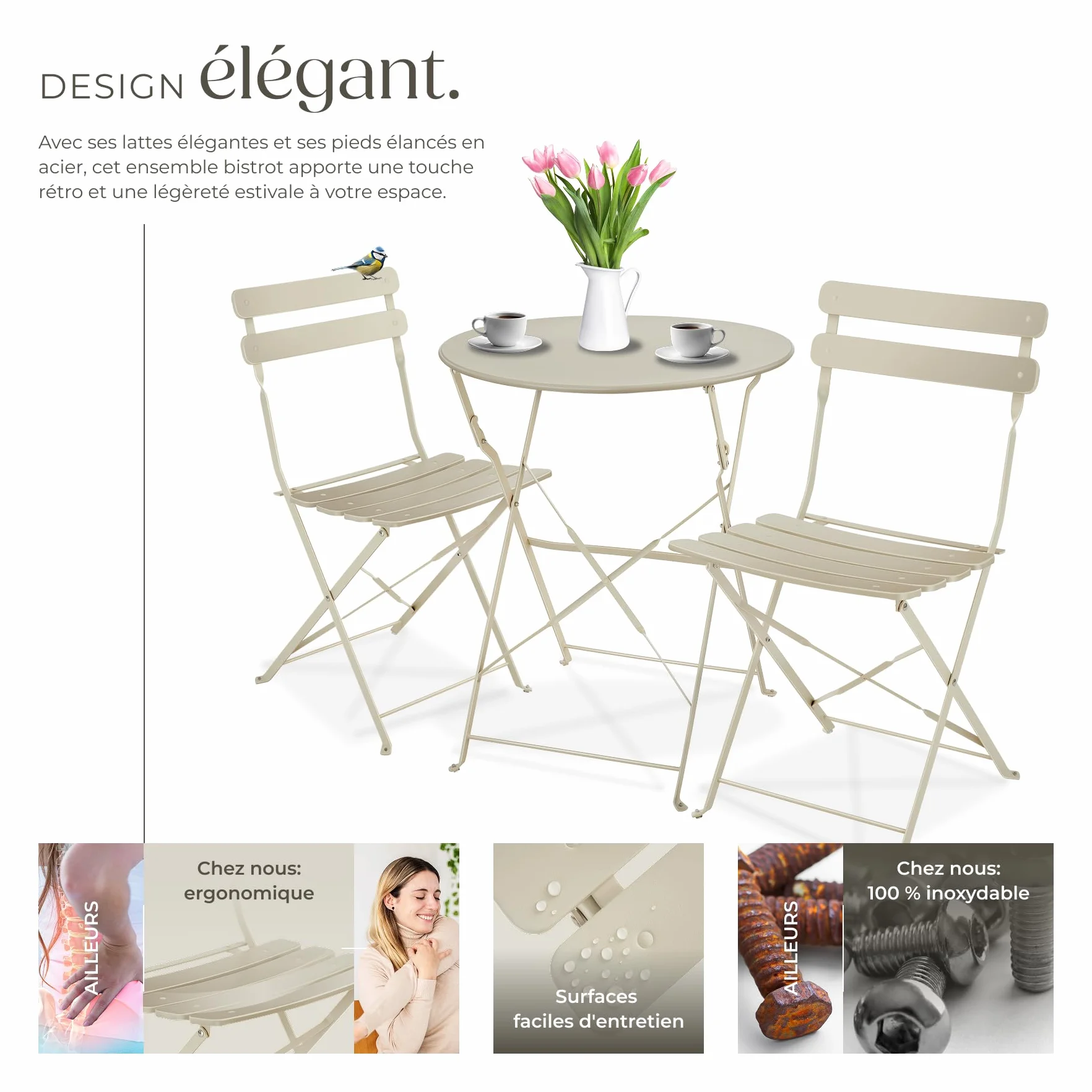 Ensemble Table Ronde et Chaises Pliantes de Jardin Acier Époxy 2 Places