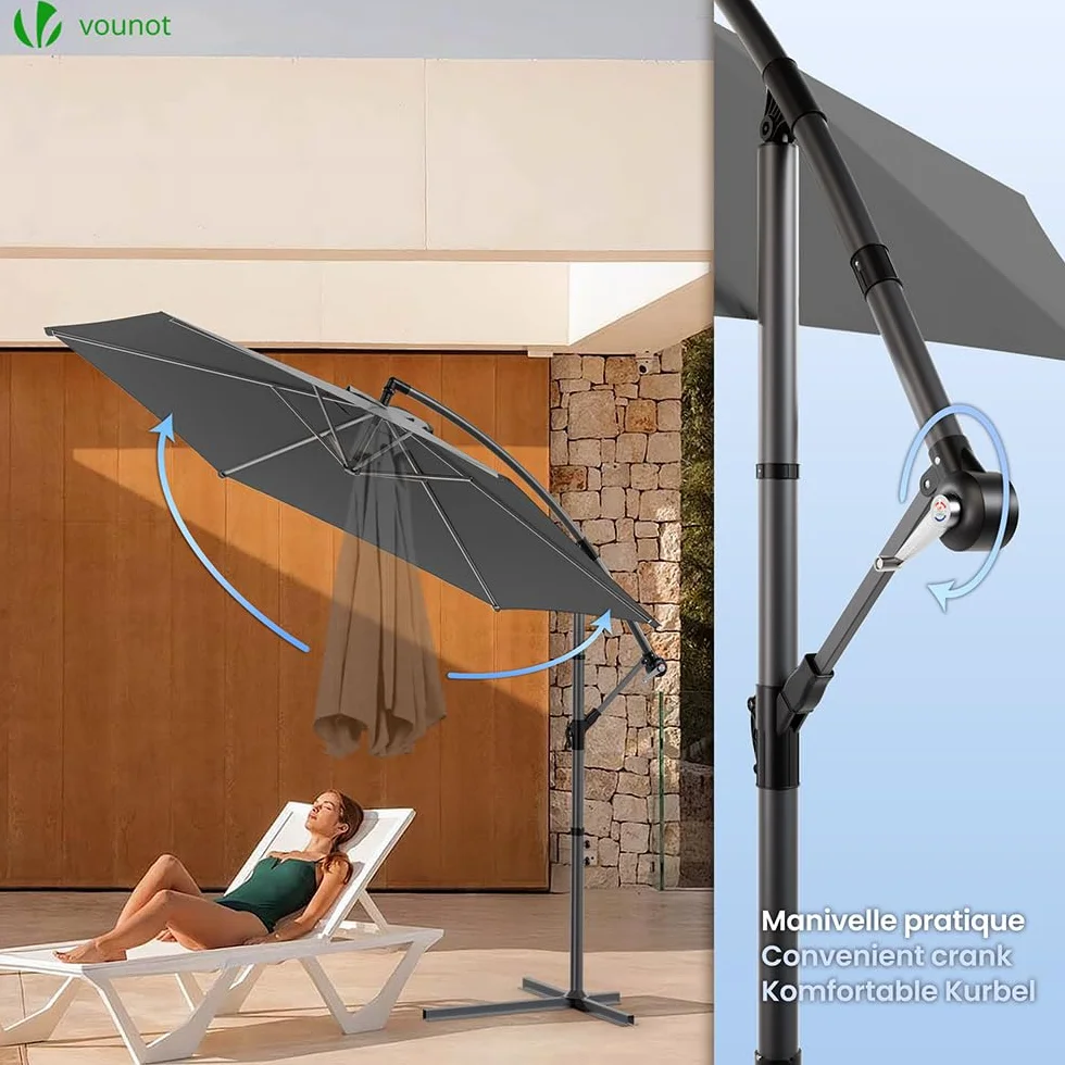 Vounot Parasol déporté hexagonale 3M avec manivelle anti-retour toile 180 gr/m2 protection UV gris