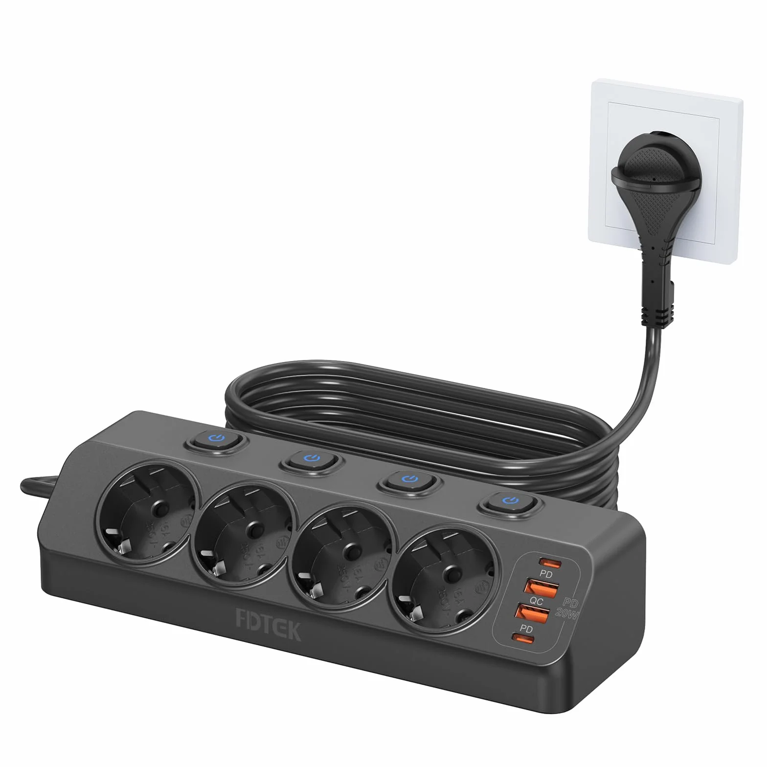 FDTEK Multiprise d'angle 4 Prises 2 USB C 2 USB A PD 20W Protection Surtensions Câble 2M