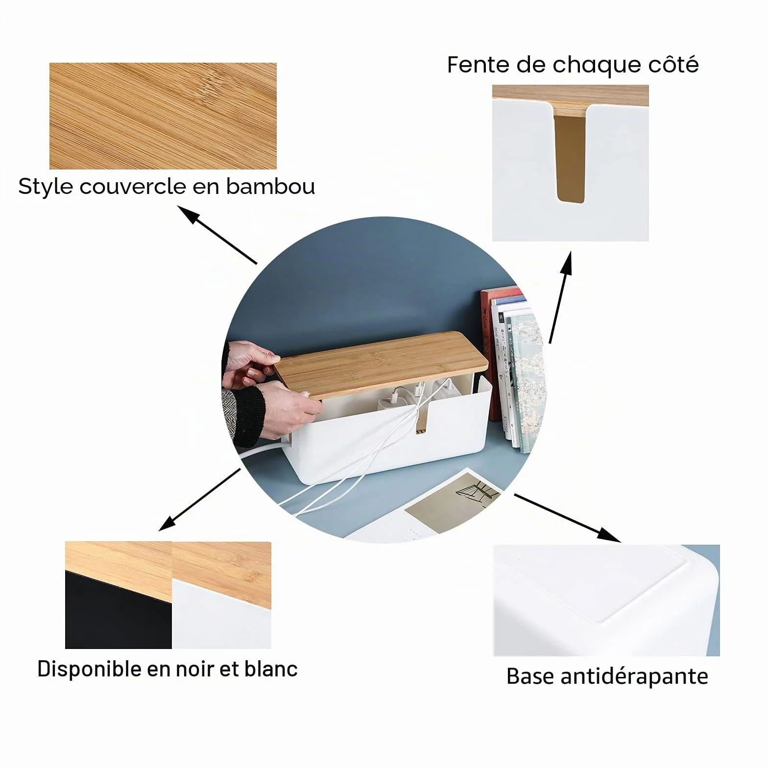 Changsuo Boîte de gestion des câbles en bambou pour rallonge, protection contre les surtensions (blanc)