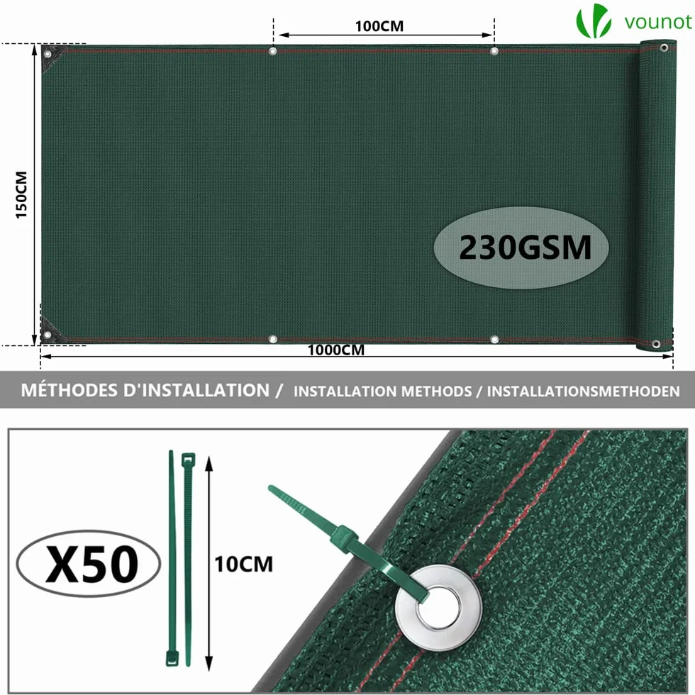 Brise Vue Occultant HDPE 230g/m² Protection UV Résistant Déchirures Vent Jardin Balcon 1.5x10m Vert