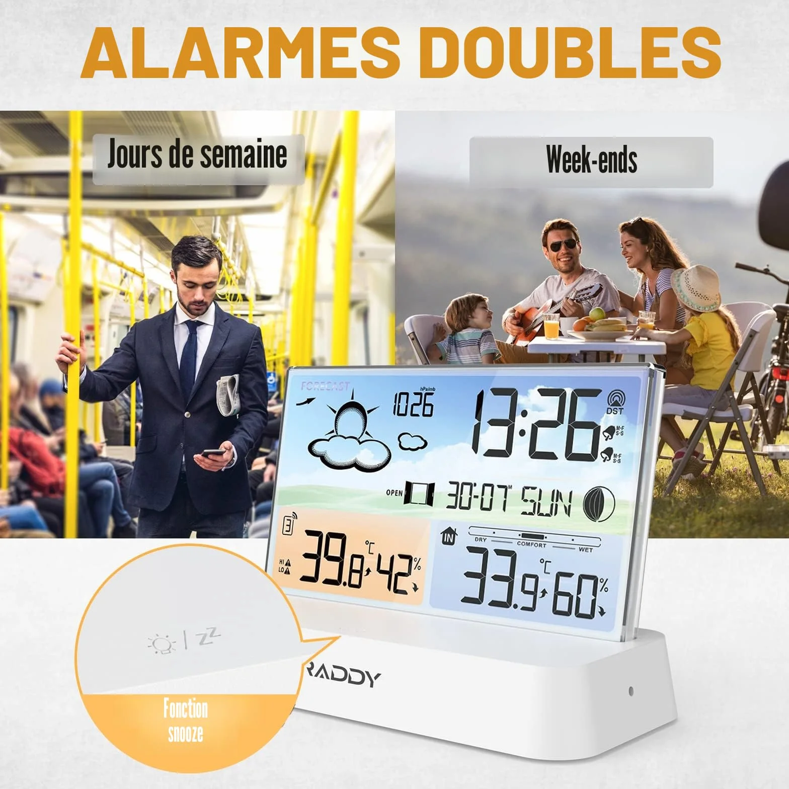Raddy DT6 Station météo sans fil avec horloge radio-pilotée DCF, écran couleur numérique, thermomètre hygromètre, prévisions météo et baromètre