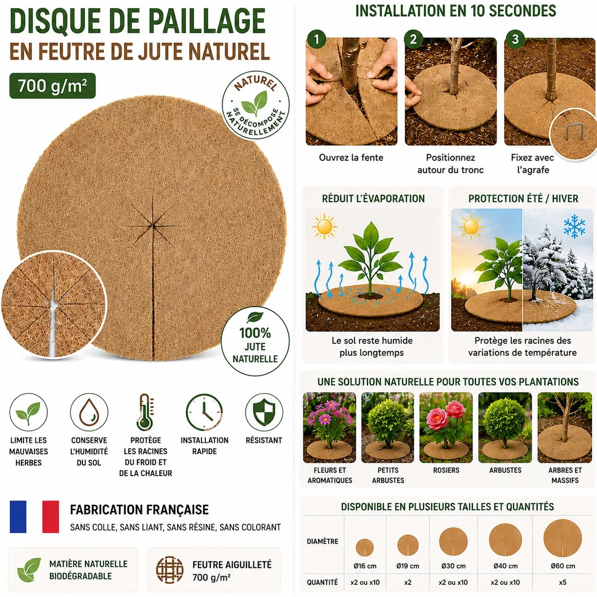 La cordeline Disques Paillage Ø60cm Feutre Jute 700gr/m² Lot 5 Protection Plante Mauvaises Herbes Gel Marron