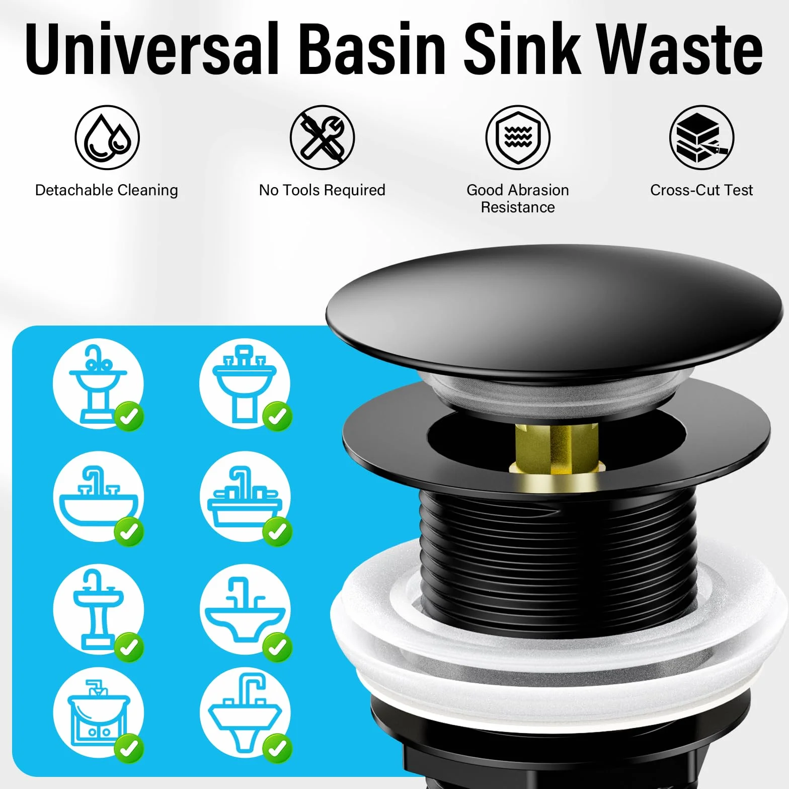Bonde de Lavabo Sans Trop Plein Noir Clic Clac Universelle G 1 ¼ avec Joint pour Vasque