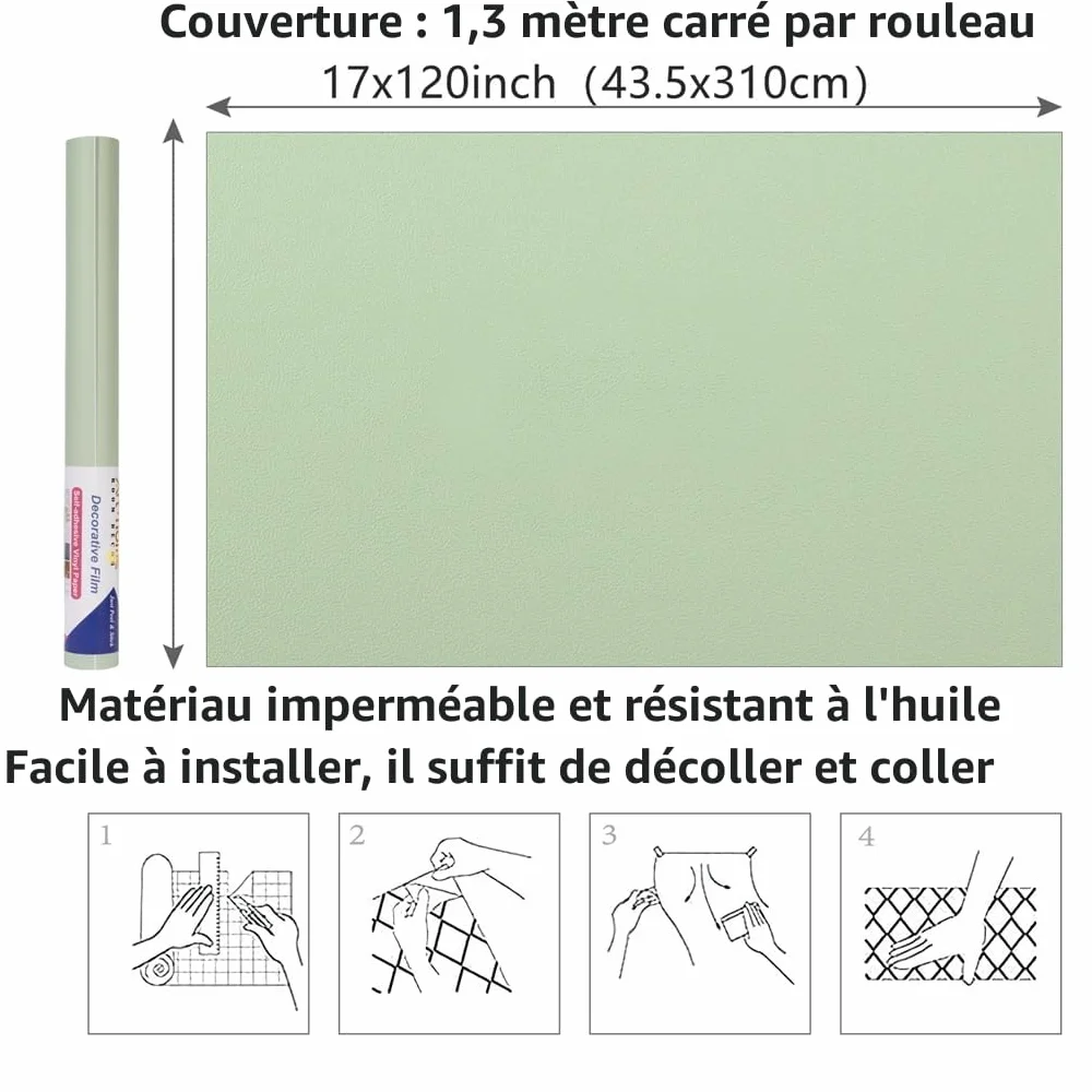 Arthome Vert Mat Contact Papier Peel and Stick 44cmx3m Papier Peint Vinyle Décoratif Autocollant pour Meubles Décoration Murale