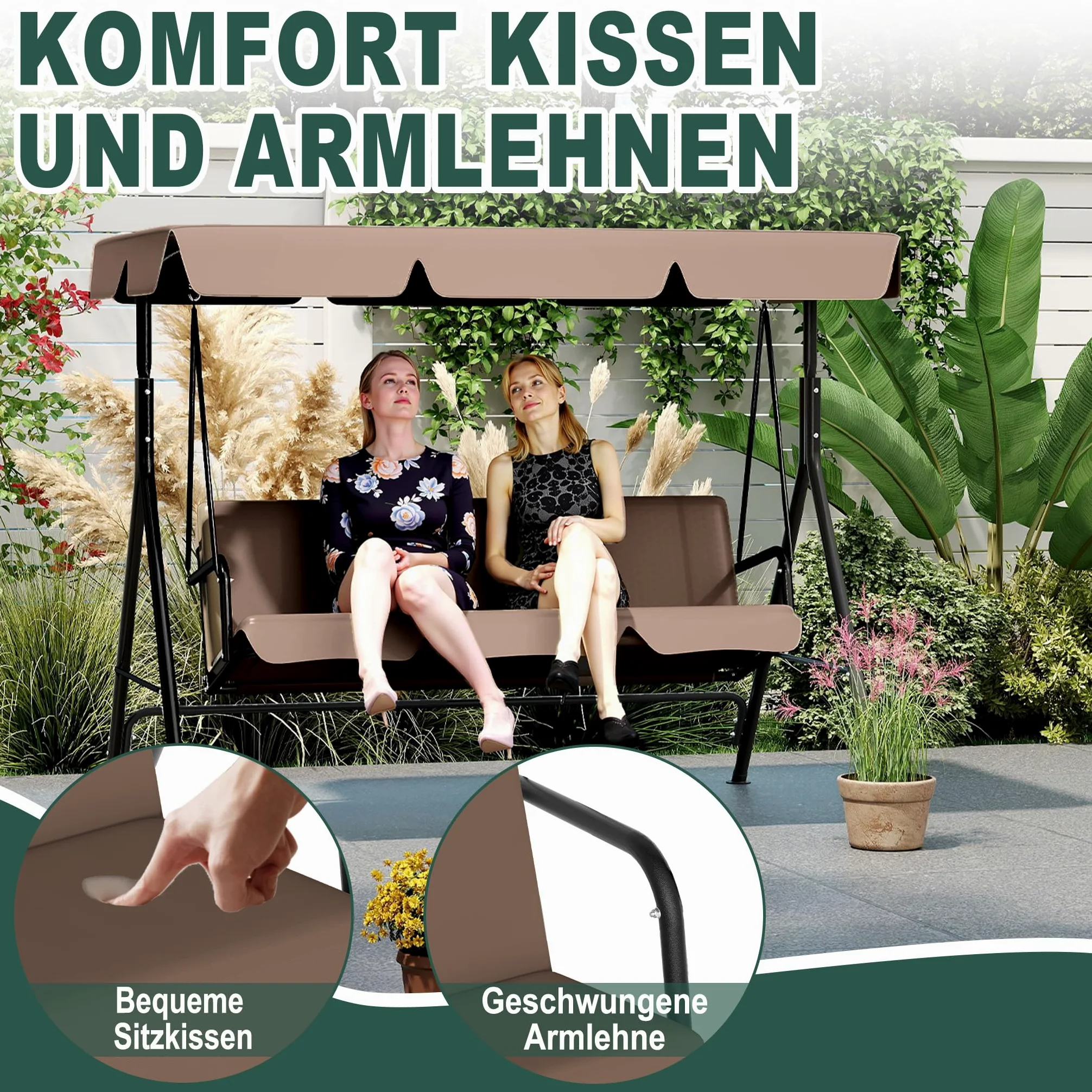 LZQ Balançoire Hollywood 3 places résistante aux intempéries - Avec toit réglable - 176 x 110 x 152 cm - Charge maximale : 200 kg - Pour extérieur, intérieur et extérieur, marron foncé