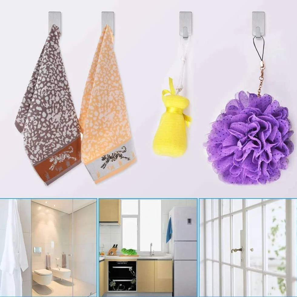 Crochet Adhesif Mural Acier Inoxydable 12 Pièces Sans Perçage pour Cuisine Salle de Bain