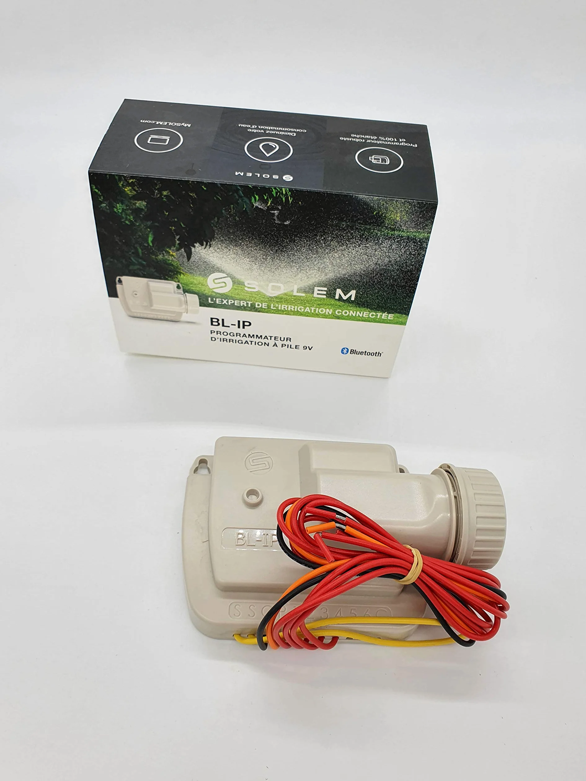 Programmateur d'arrosage à piles 9 V, modèle BL IP4, avec connexion Bluetooth, portée jusqu'à 10 mètres, étanche pour 4 saisons, blanc, 14 x 9 x 5,5 cm (référence : Solem BL-IP4)