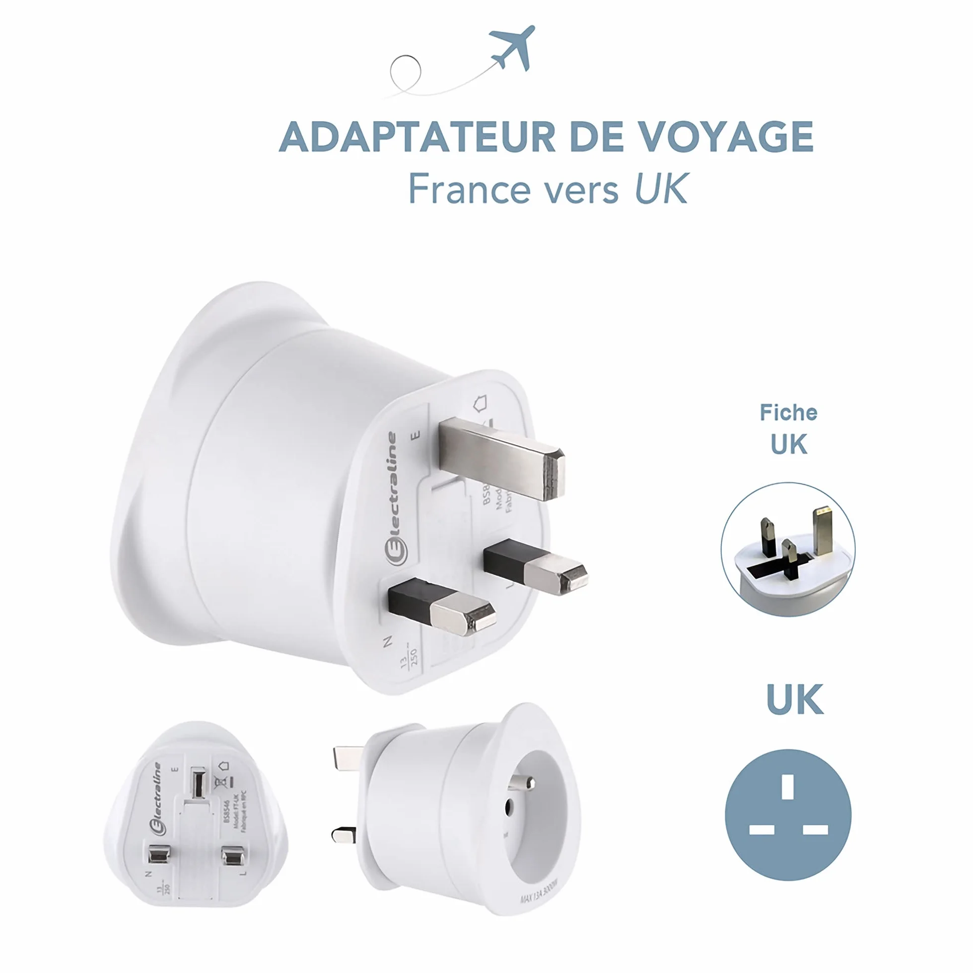 Electraline Adaptateur de voyage France/Europe vers UK 2 Broches Europe vers 3 Broches Uk, White