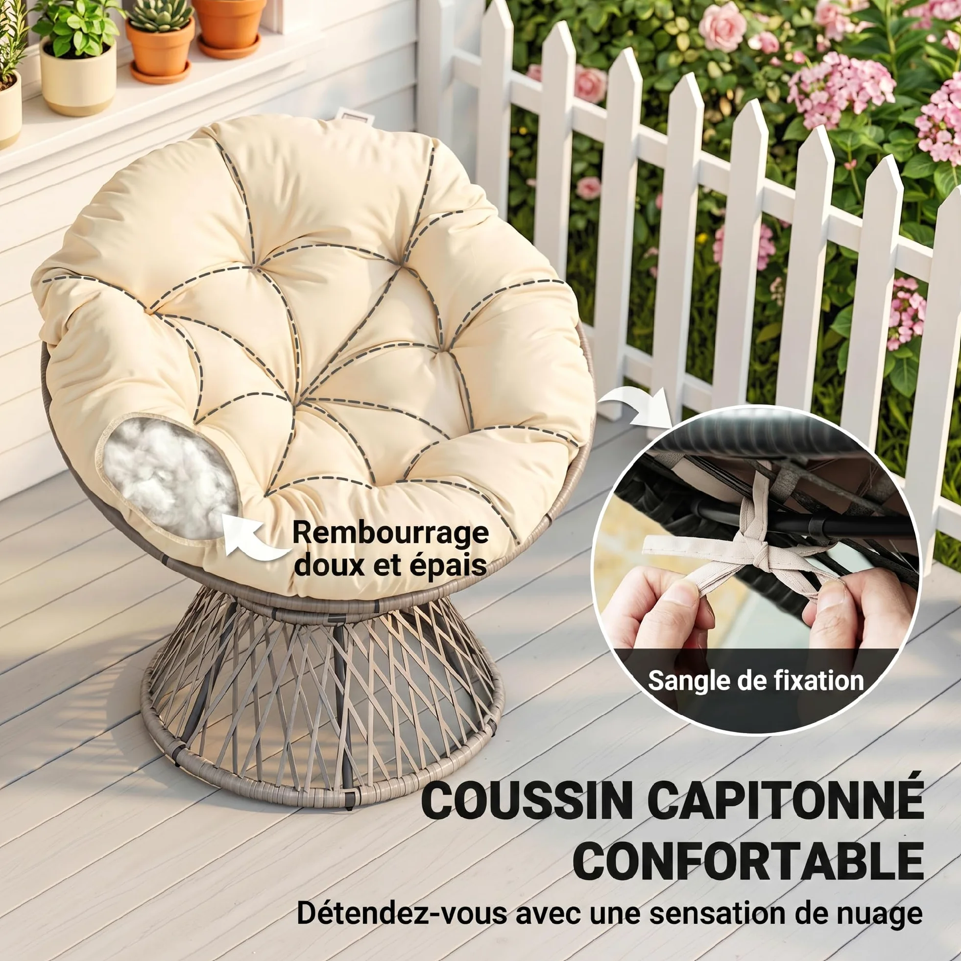 Outsunny Fauteuil Rond de Jardin Fauteuil papasan pivotant Grand Confort Ø 97 x 90H cm Grand Coussin fourni Polyester résine tressée crème