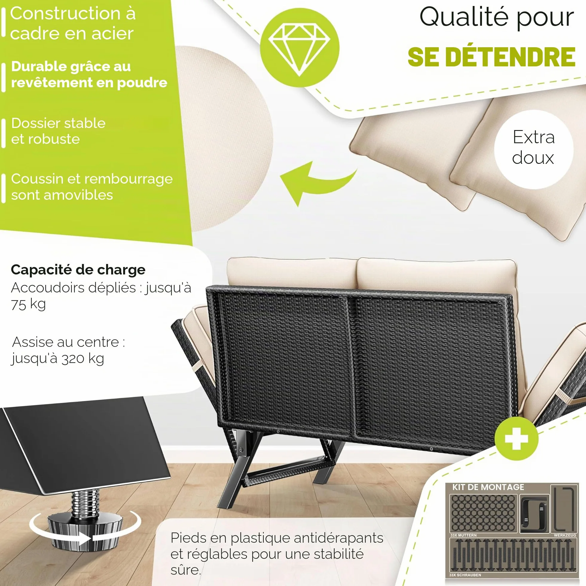 KESSER® Luna Banc de jardin en polyrotin avec fonction allongée, 4 en 1, résistant aux intempéries, canapé de balcon, canapé réglable, accoudoirs réglables, rembourrage extra épais