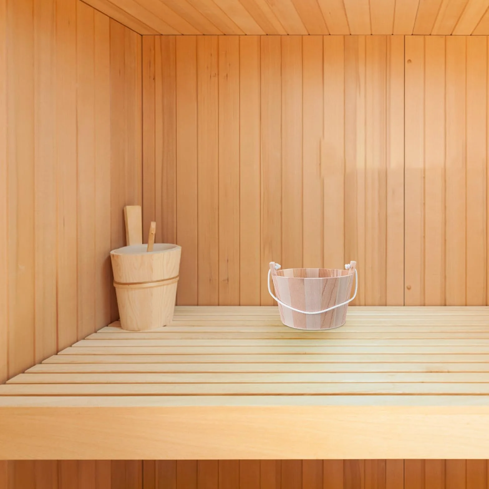 Seau de Sauna en Bois Naturel 5l avec Poignée en Corde pour Sauna Traditionnel