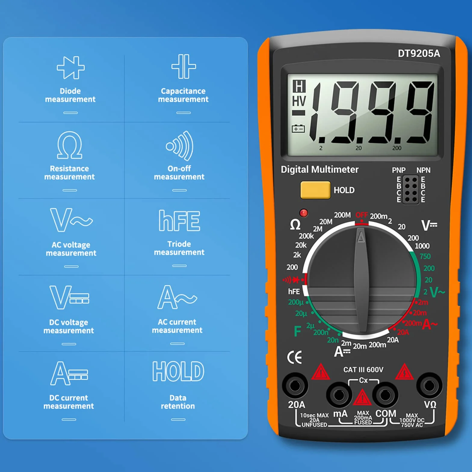 Multimètre Numérique DT9205A 2000 Comptage Professionnel Voltmètre Ampèremètre Ohmmètre Testeur Électrique Automatique LCD