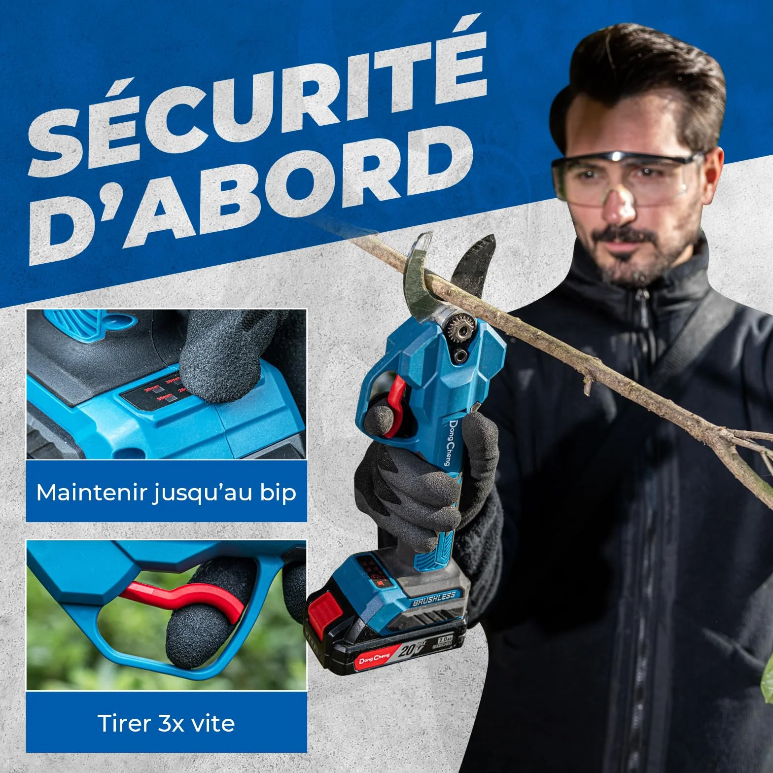 Dong Cheng Sécateur Électrique Sans Fil 20V, 4 Niveaux de Coupe Jusqu'à 35 mm, Lame SK5 avec 2 Batteries 2.0Ah, Sécateur de Jardin Professionnel à Moteur Sans Balais pour Jardin, Branche et Arbuste