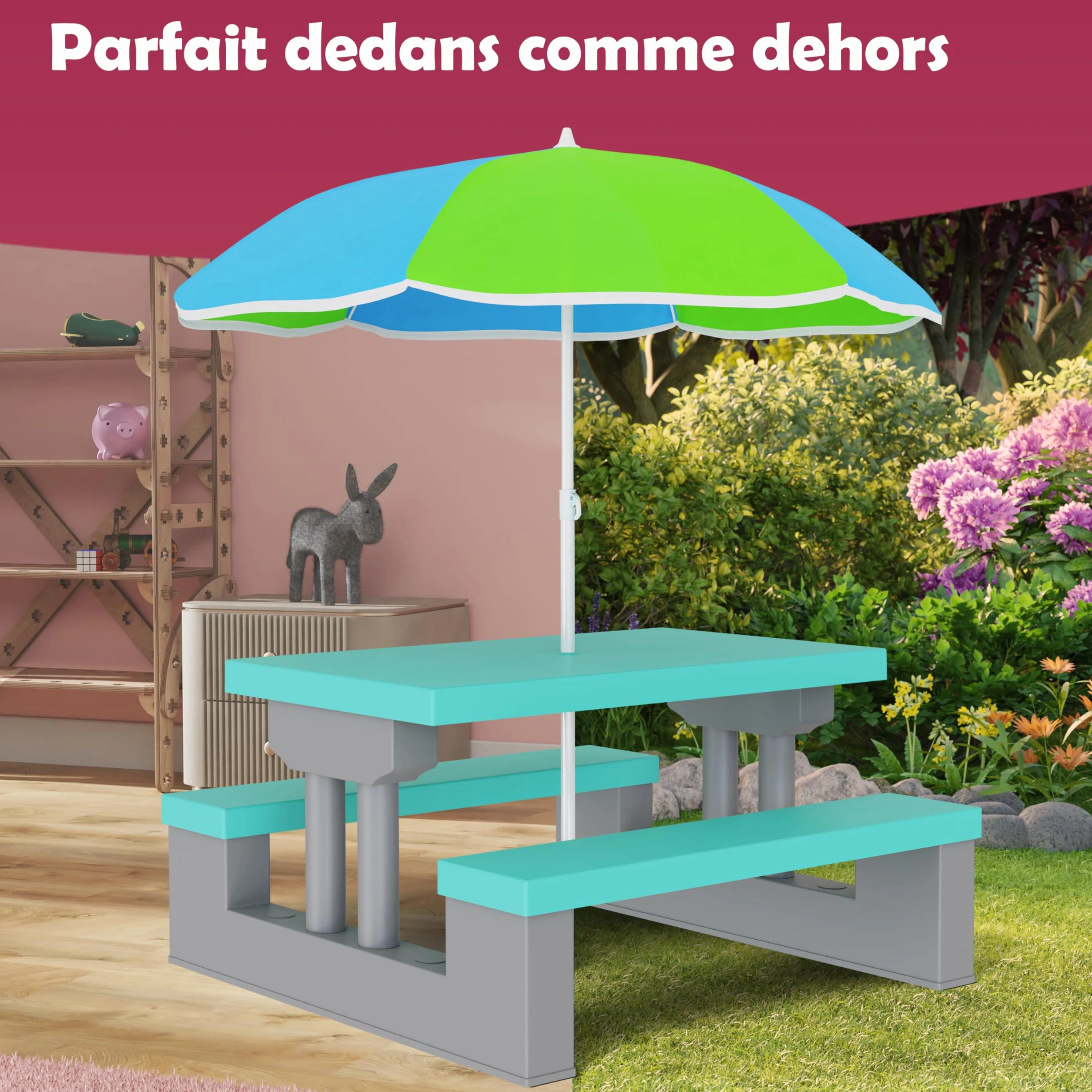 Spielwerk Salon de Jardin pour Enfants Vert Menthe Table Pique-Nique avec Banc et Parasol