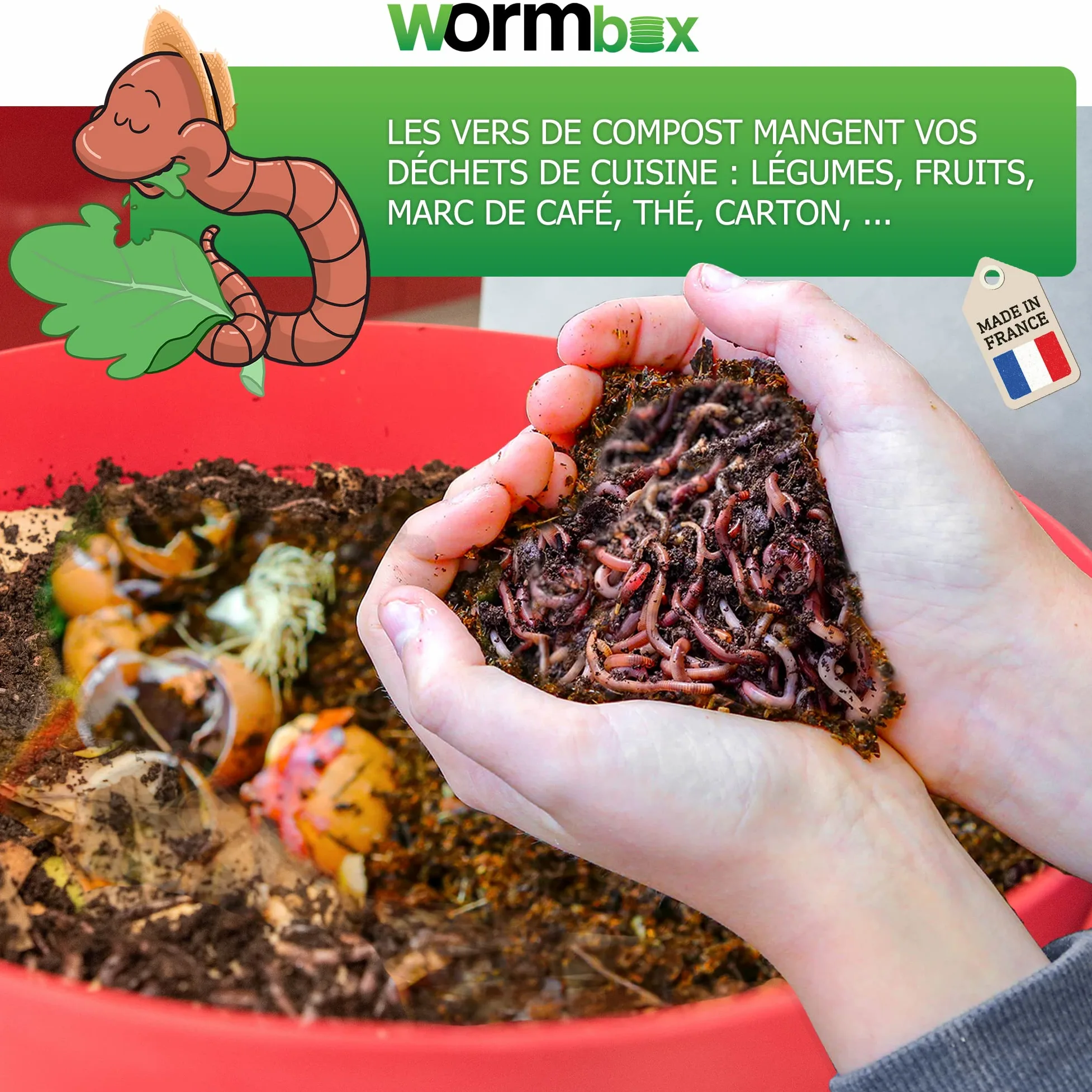 WORMbox | Lombricomposteur 4 Plateaux Noir + 500gr de vers de Compost + 1 Bloc Coco | 64 litres | Compostez Vos déchets organiques, Les vers de Terre/lombrics produisent du lombricompost