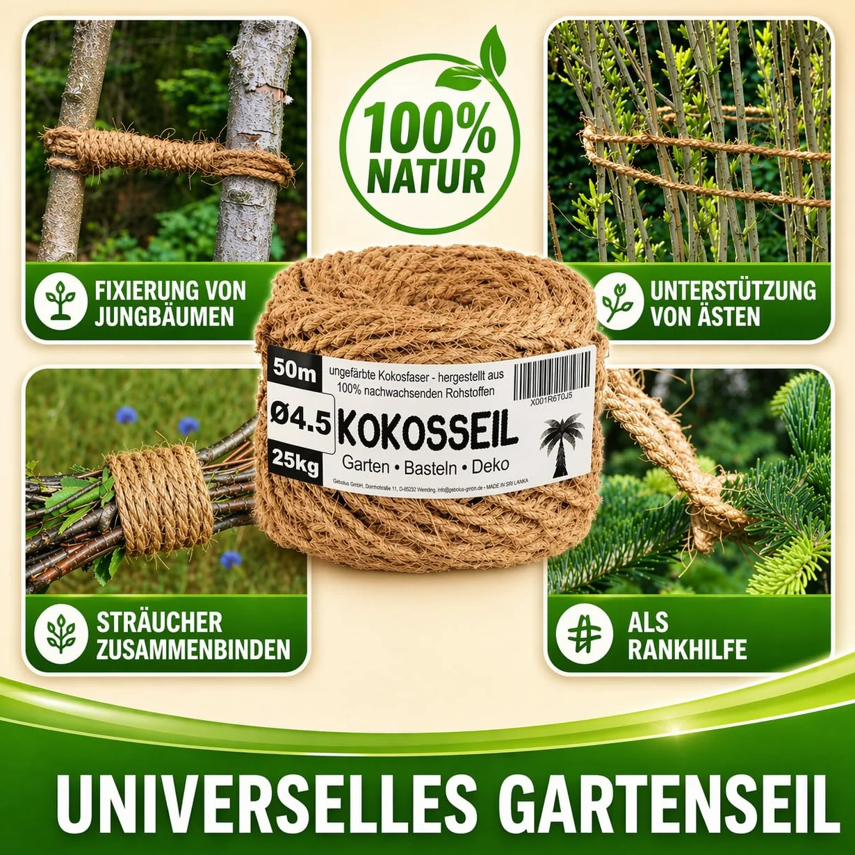 Corde en Fibre de Coco 4,5 mm x 50 m - Ficelle pour Jardinage, Bricolage et Décoration - Corde Arbre à Chat, Ficelle Jardin, Attache Tomate, Tuteur Arbre - Charge maxi : 25 kg