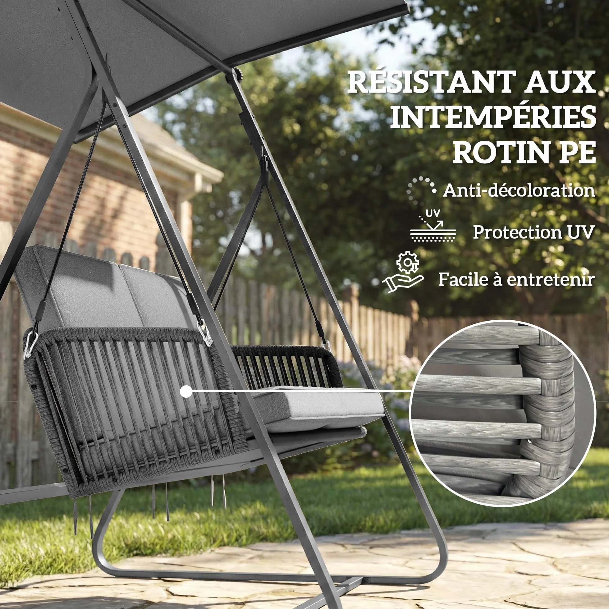 Outsunny Balancelle de Jardin 2 Places Résine Tressée Toit Réglable Coussin Épais Cadre Acier Charge 240 kg Gris 150x128x168cm