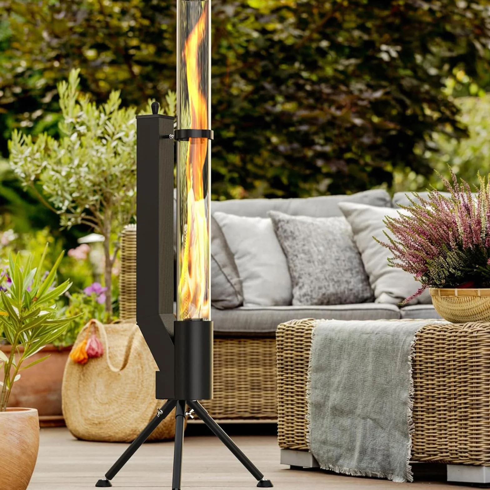 Kit Pellet Torch avec Tube en Verre Cheminée Extérieur pour Terrasse Ecoénergétique Brûleur Durable Fonctionne 2 Heures avec 28 kg de Granulés en Fer et Verre Borosilicaté