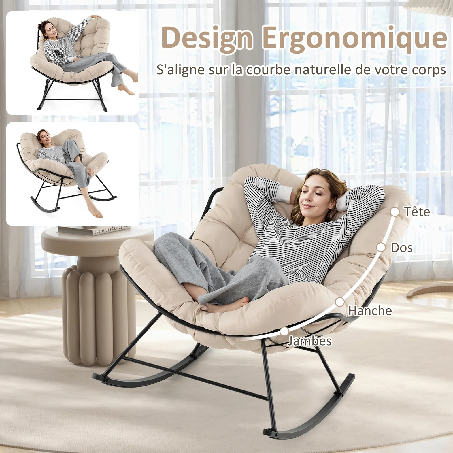 RELAX4LIFE Fauteuil à Bascule de Jardin, Chaise Papasan avec Coussin et Cadre en Métal pour Intérieur et Extérieur, Charge 205KG pour Chambre Salon Porche Jardin Terrasse (Beige)