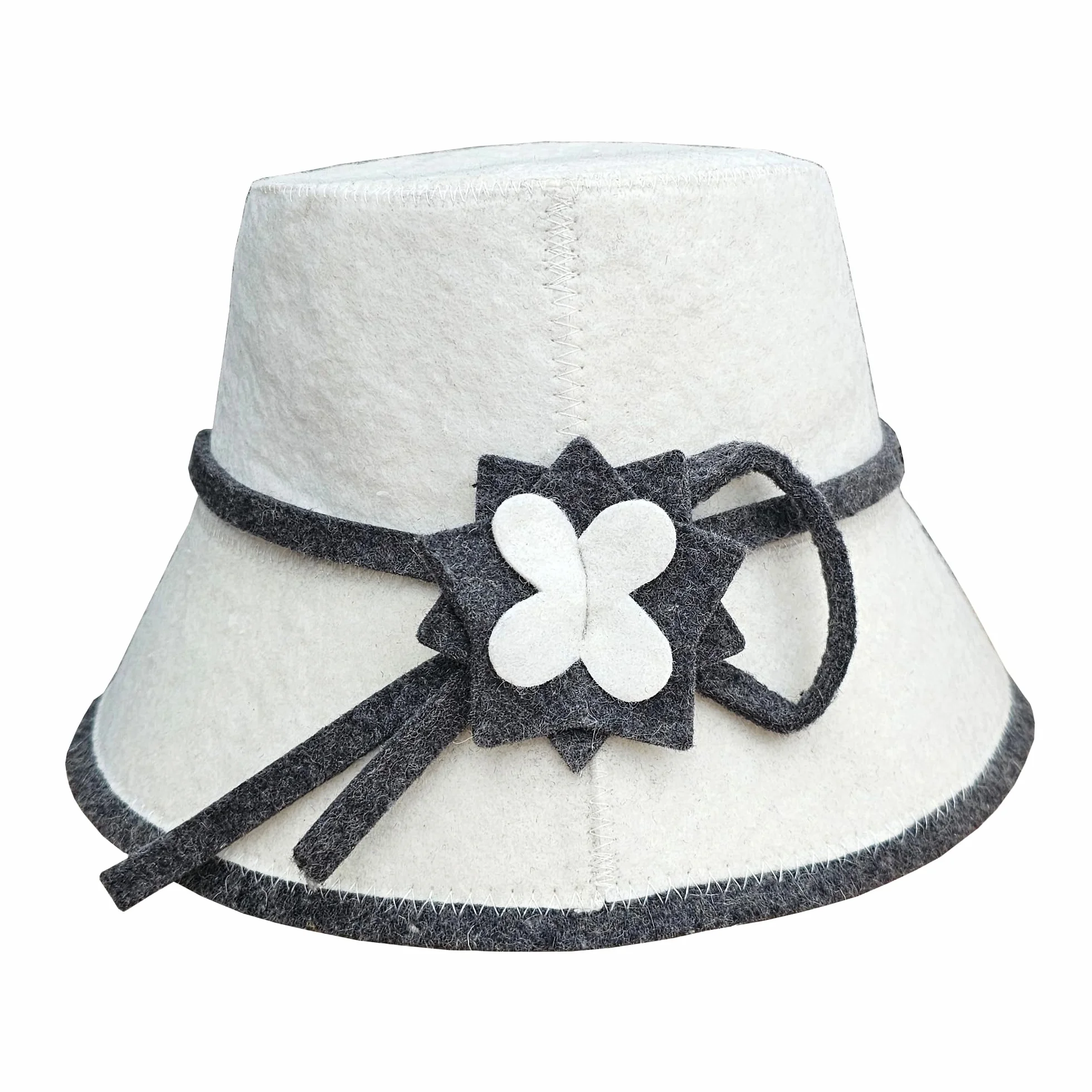 Chapeau de Sauna pour Femme en Feutre de Laine 100% avec Broderie Florale Blanc/Gris