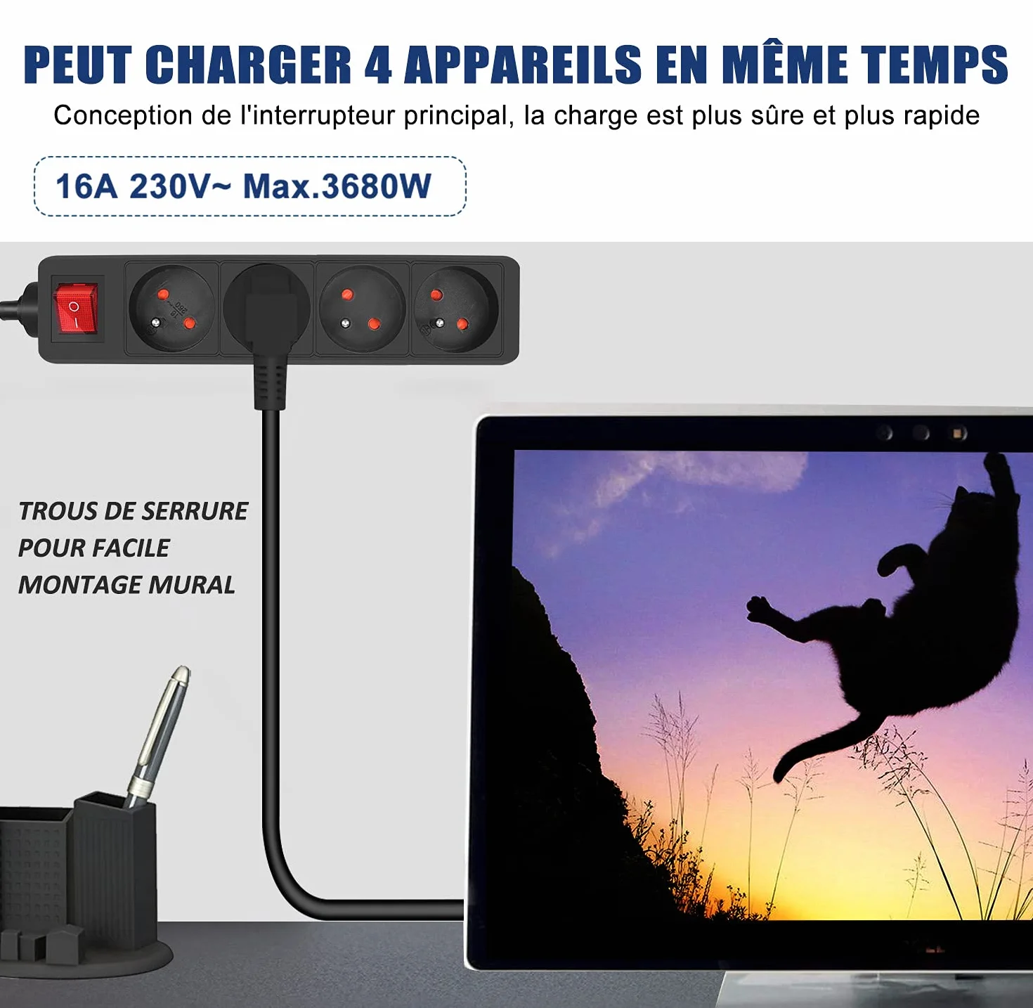 Extrastar Multiprise 4 Prises 16A 2P+T Interrupteur Rallonge 3M 230V Noir Sécurité Enfant