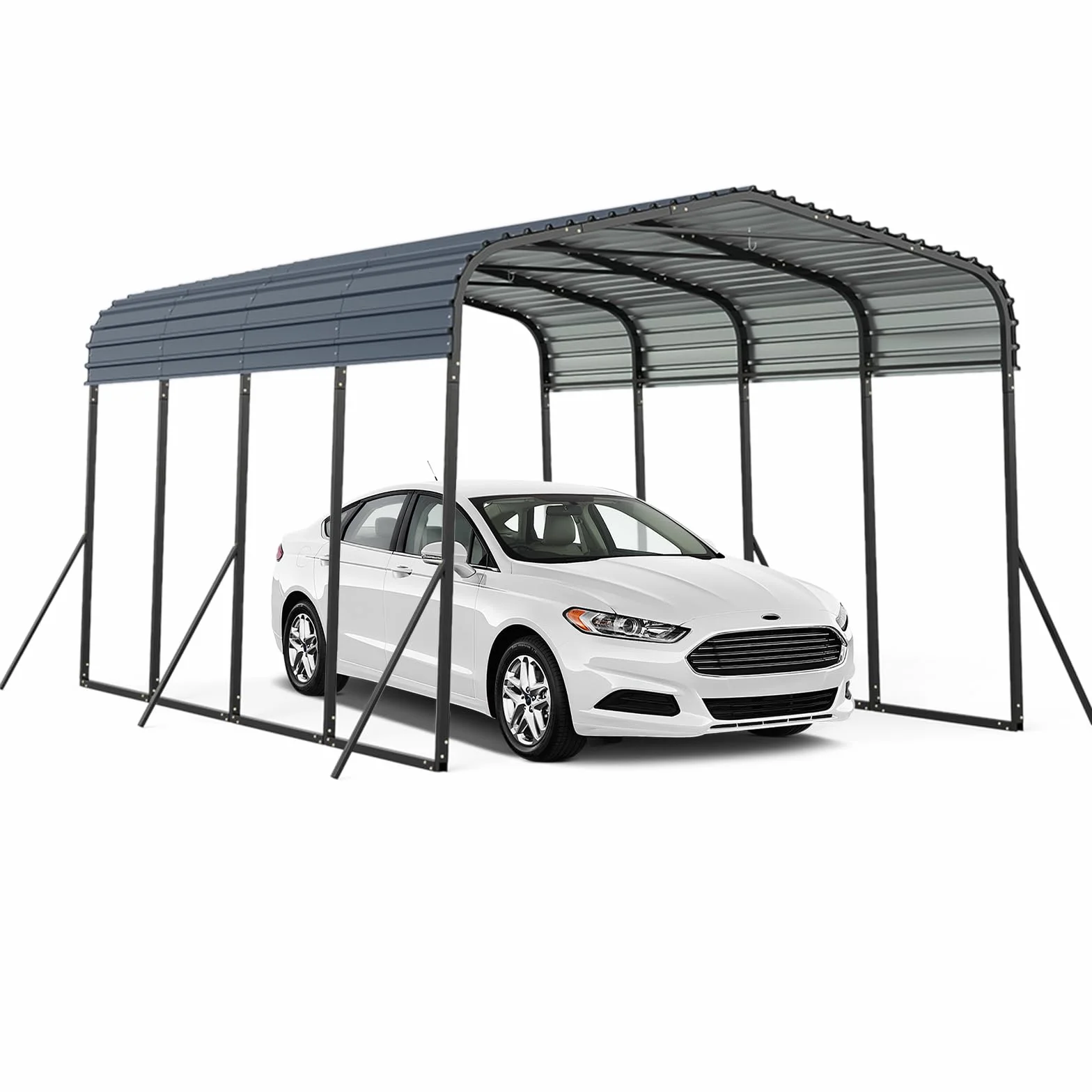 GOPLUS Grand Abri de Voiture en Métal, 440 x 300 x 250 cm, Toit Rigide, 4 Pieds Inclinés et Ancrages Extérieurs, Tente Carpot pour Voiture pour Camions, Tracteurs, SUV