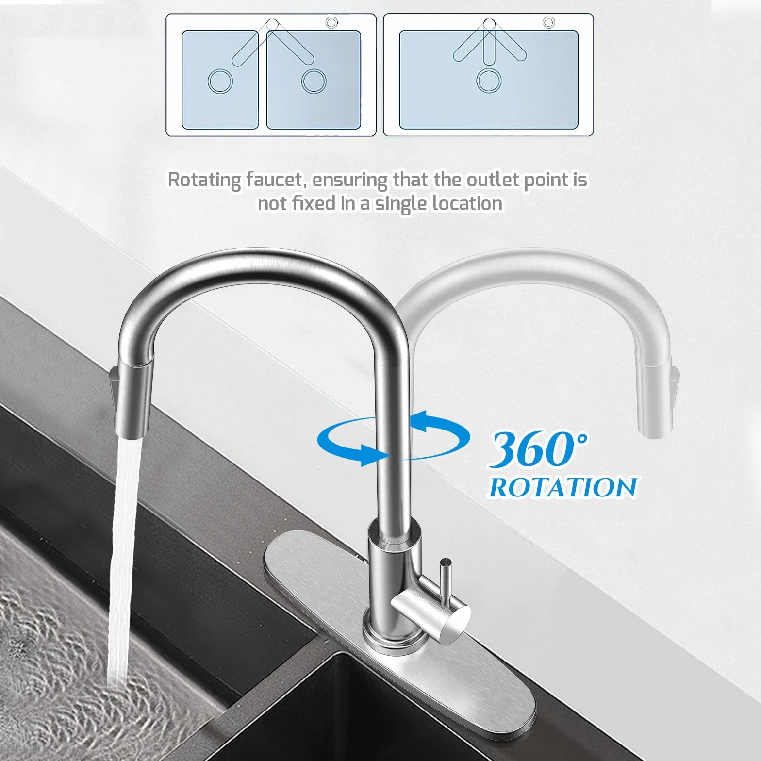 Mitigeur Cuisine Extractible Acier Inoxydable G3/8" EU Rotatif 360° Argent