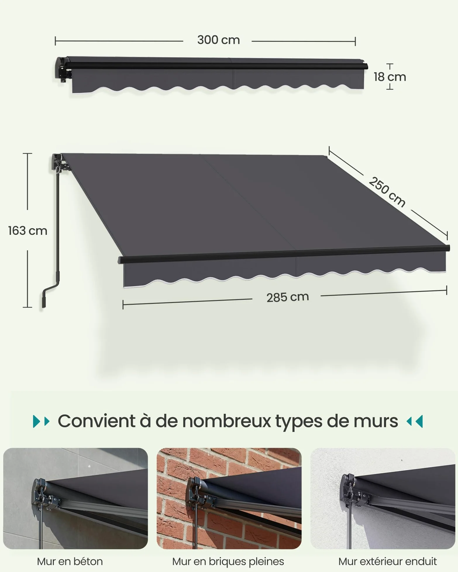 SONGMICS Store Banne Rétractable, Store Manuel avec Manivelle, Protection Solaire pour Balcon, Jardin, UPF 50+, Alliage d’Aluminium, Réglable, 300 x 250 cm, Gris GSA306GZ01